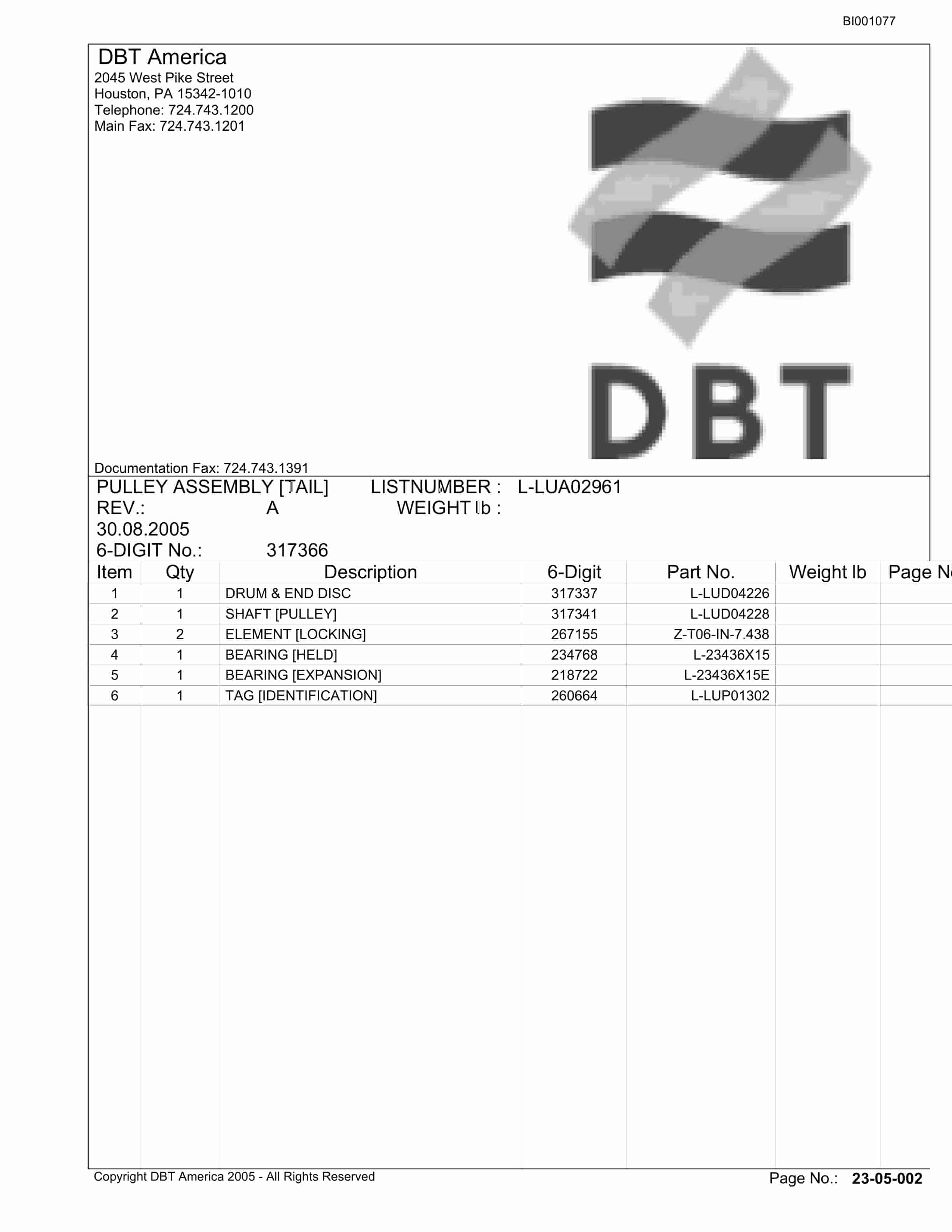 Bucyrus Belt System Parts Catalog BI001077-2
