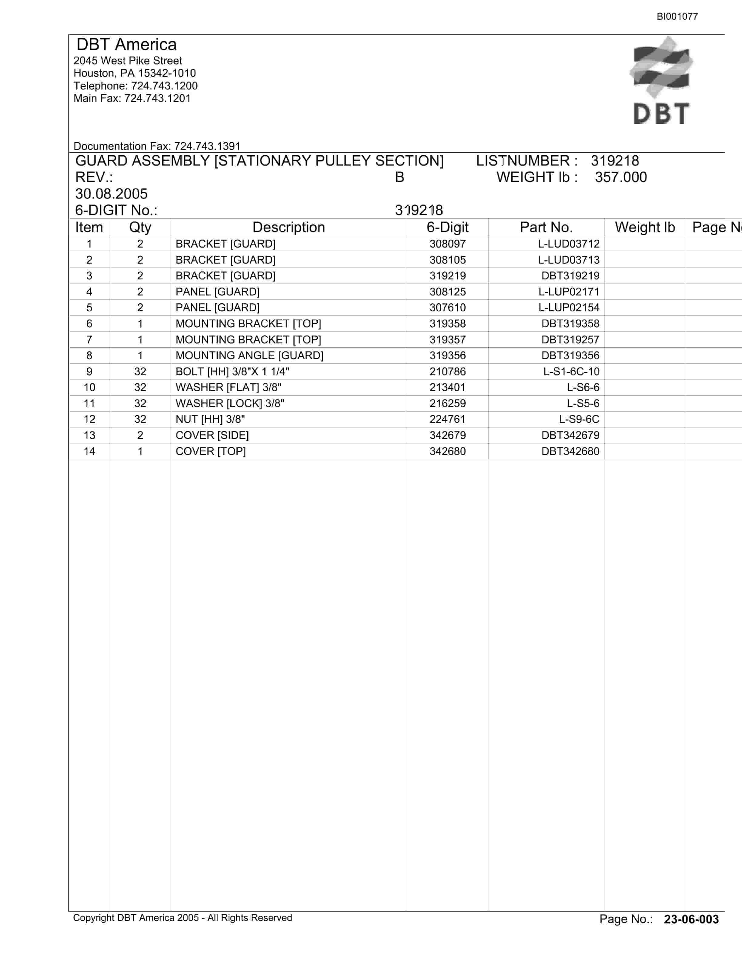 Bucyrus Belt System Parts Catalog BI001077-3