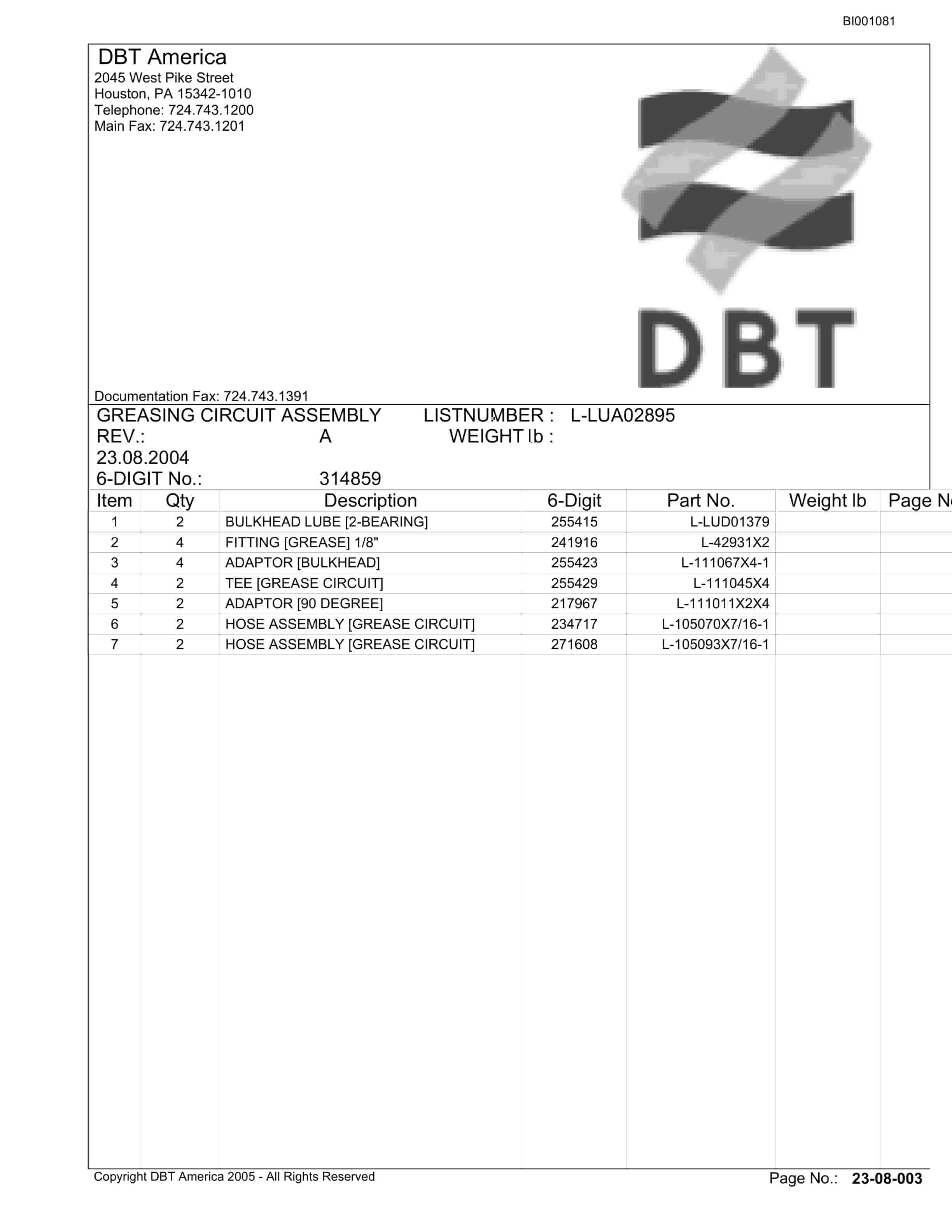 Bucyrus Belt System Parts Catalog BI001081-2
