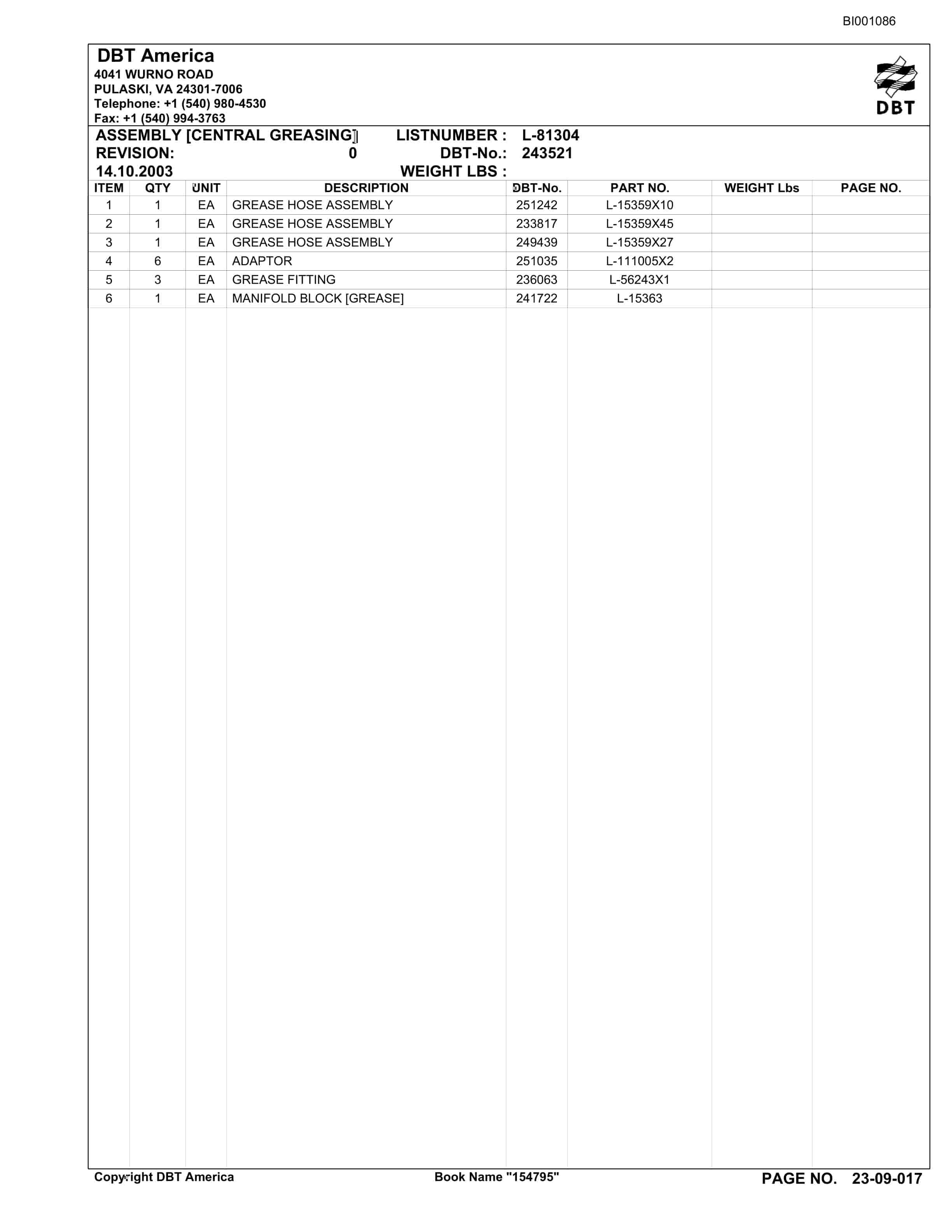 Bucyrus Belt System Parts Catalog BI001086-3