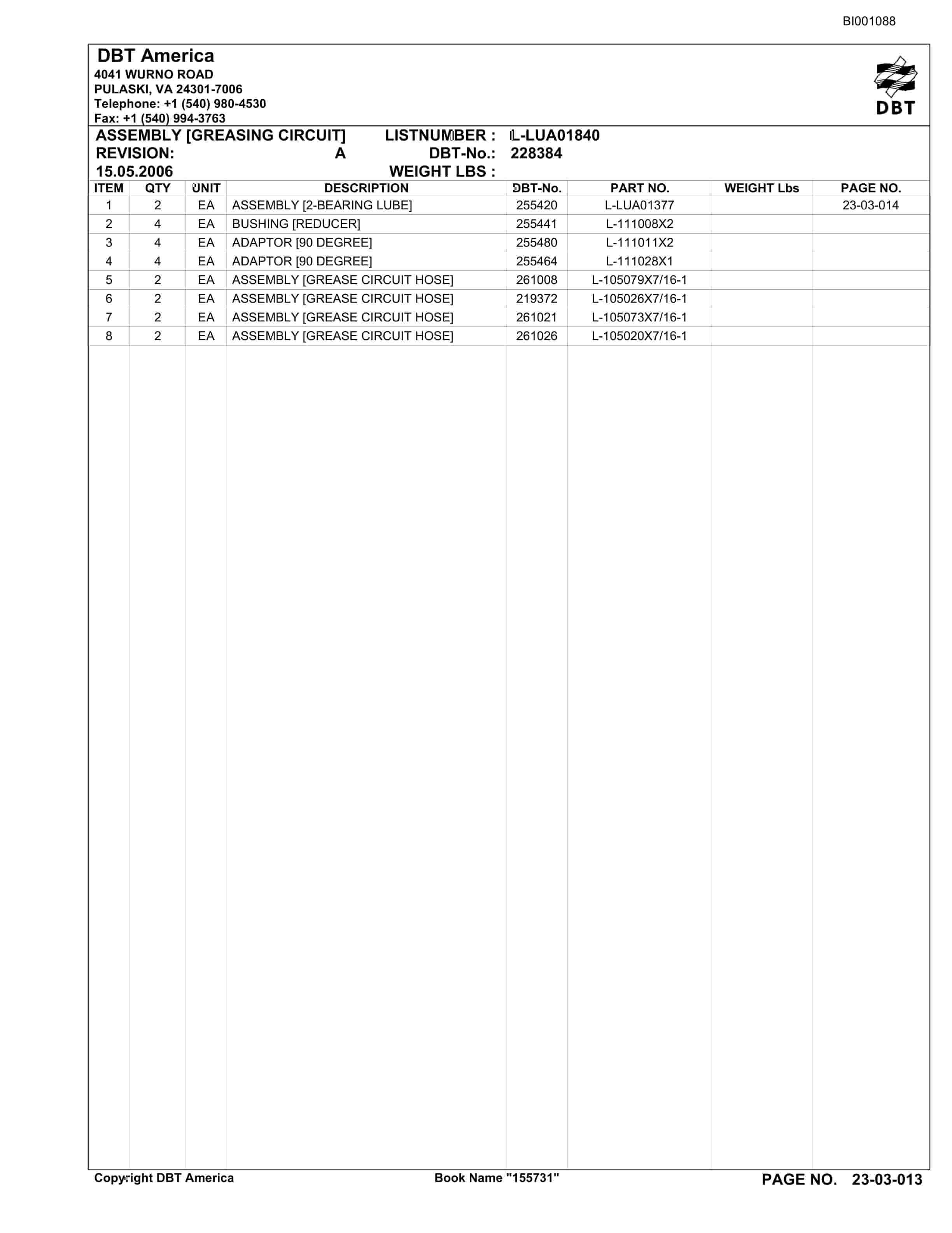 Bucyrus Belt System Parts Catalog BI001088-2