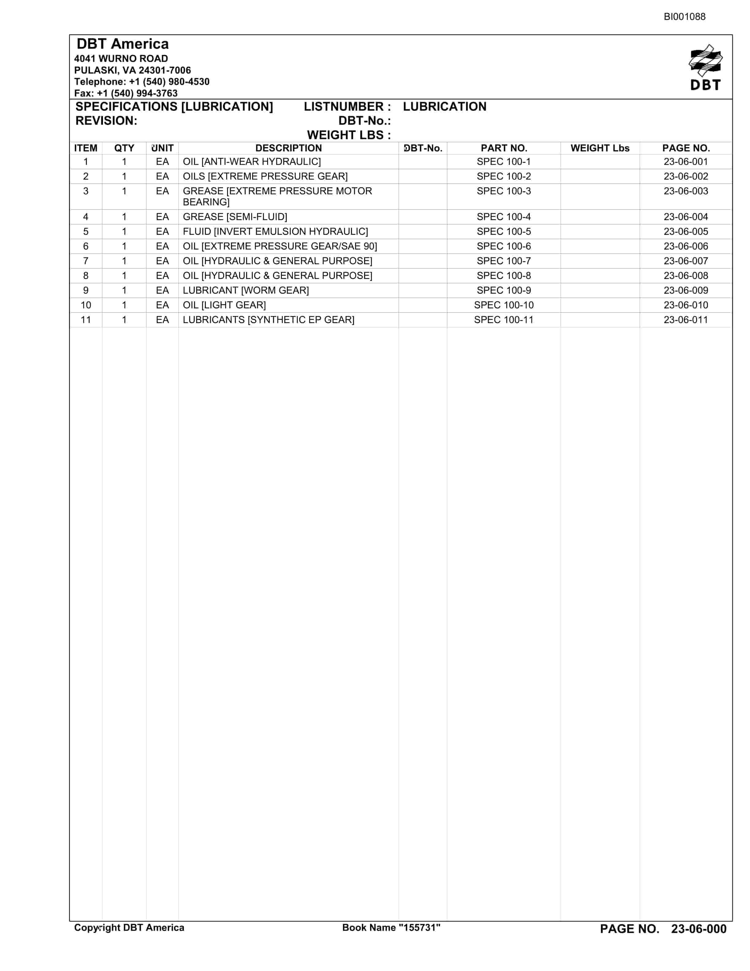 Bucyrus Belt System Parts Catalog BI001088-3