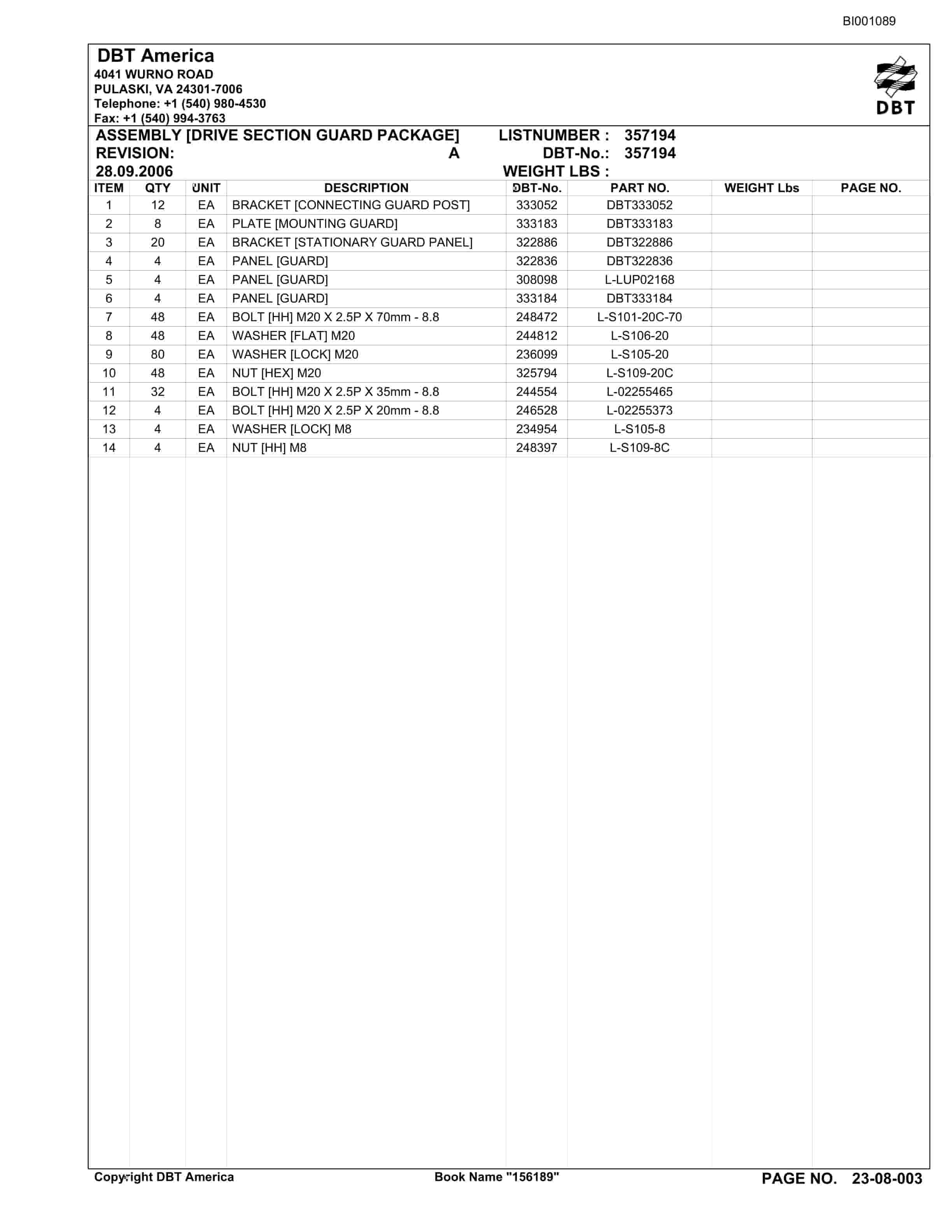 Bucyrus Belt System Parts Catalog BI001089-3