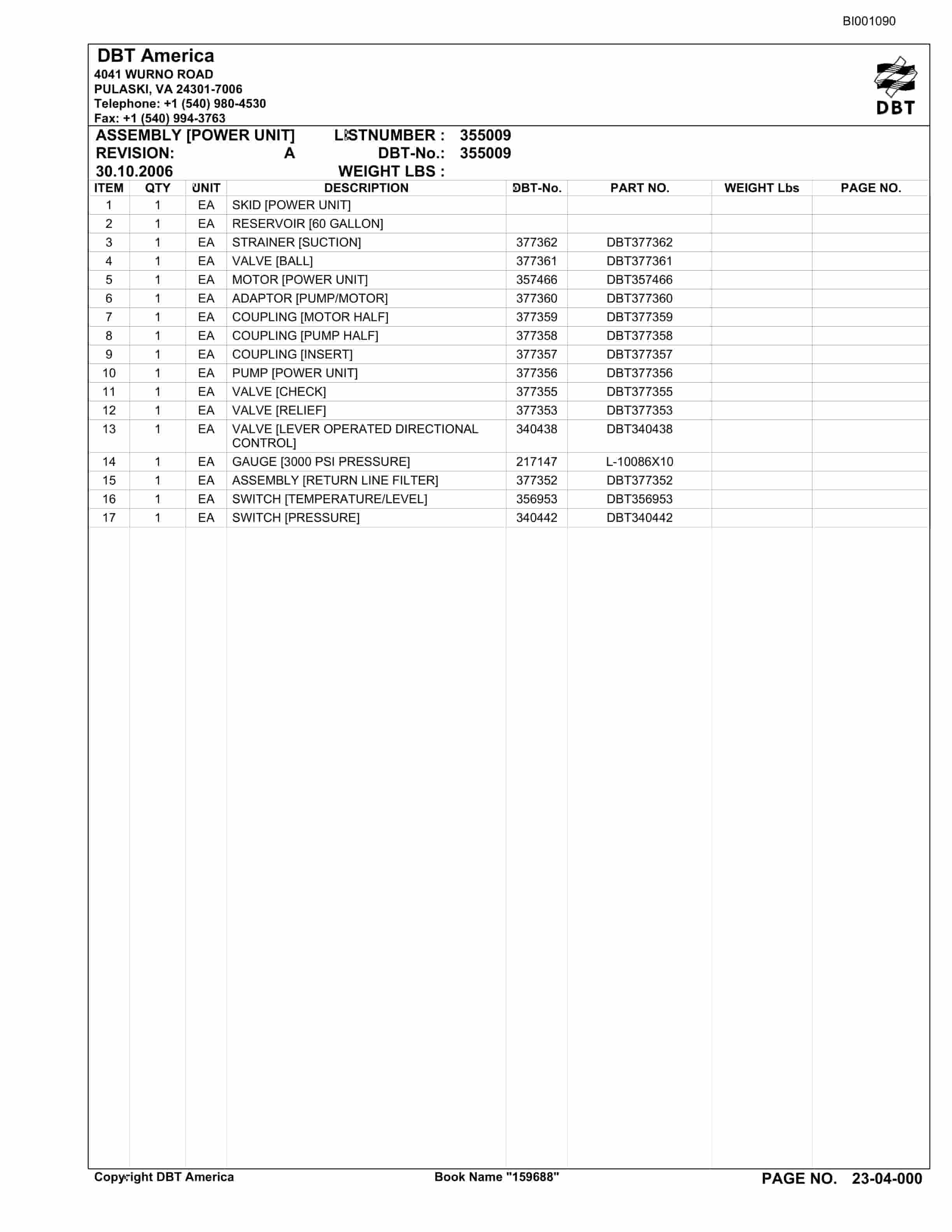 Bucyrus Belt System Parts Catalog BI001090-2