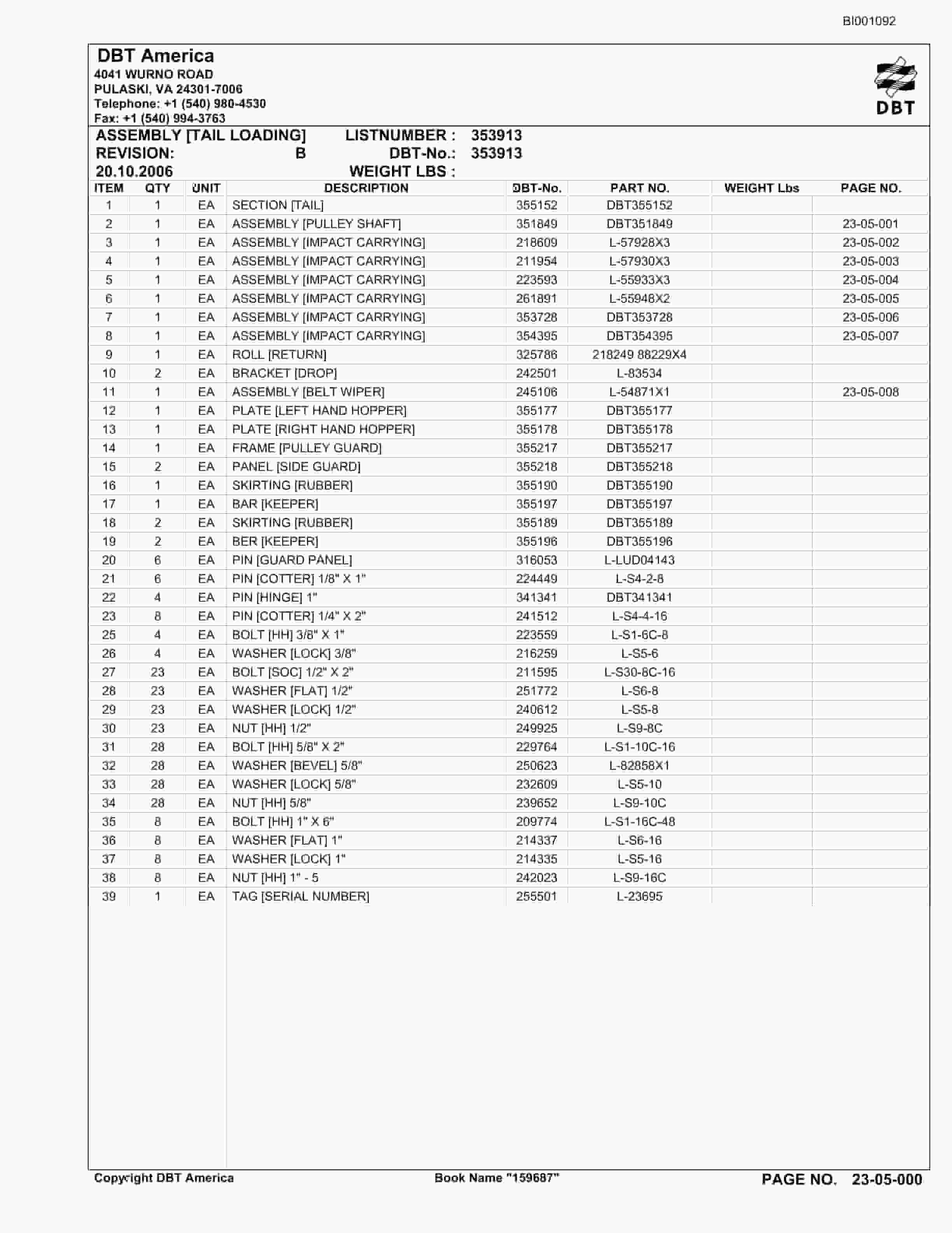 Bucyrus Belt System Parts Catalog BI001092-2