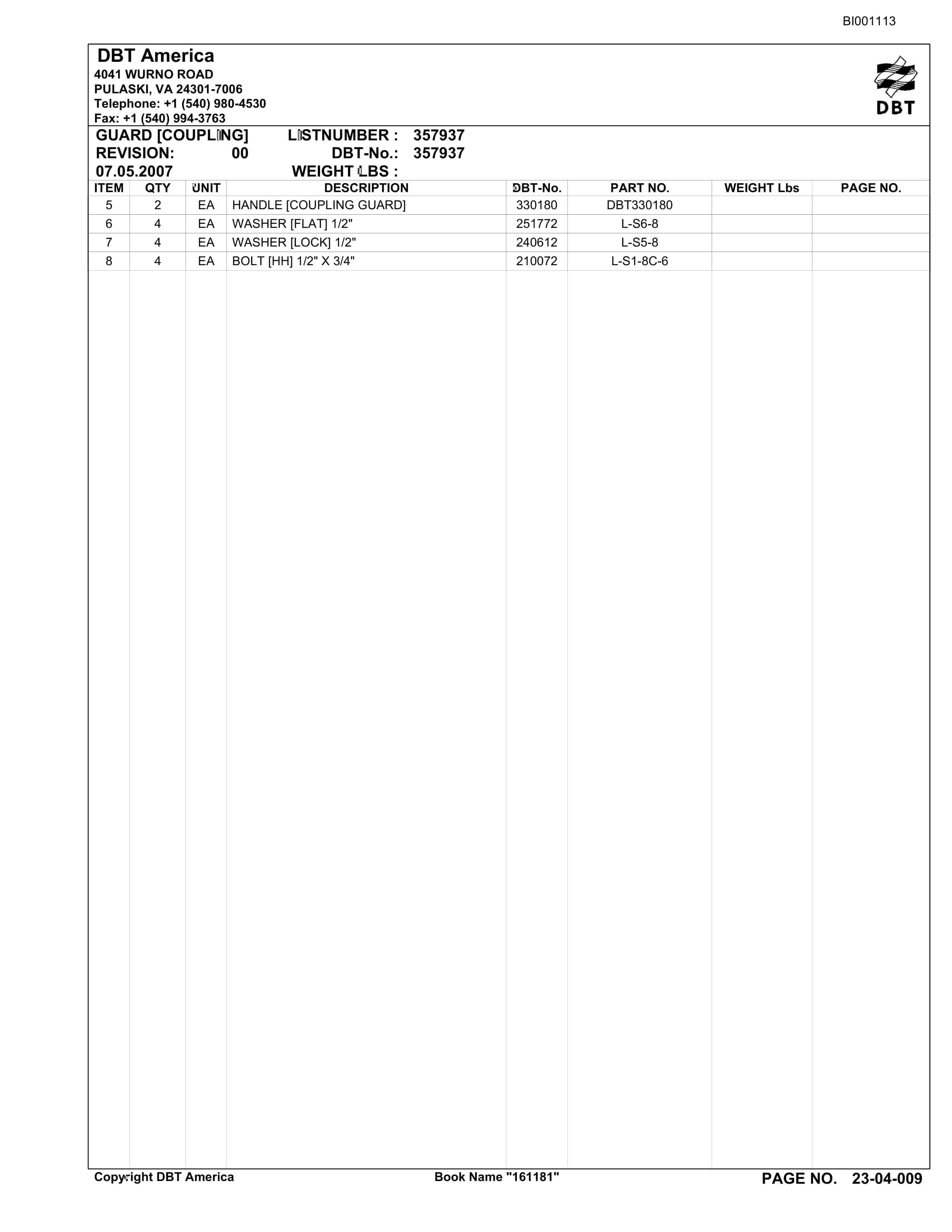Bucyrus Belt System Parts Catalog BI001113-2