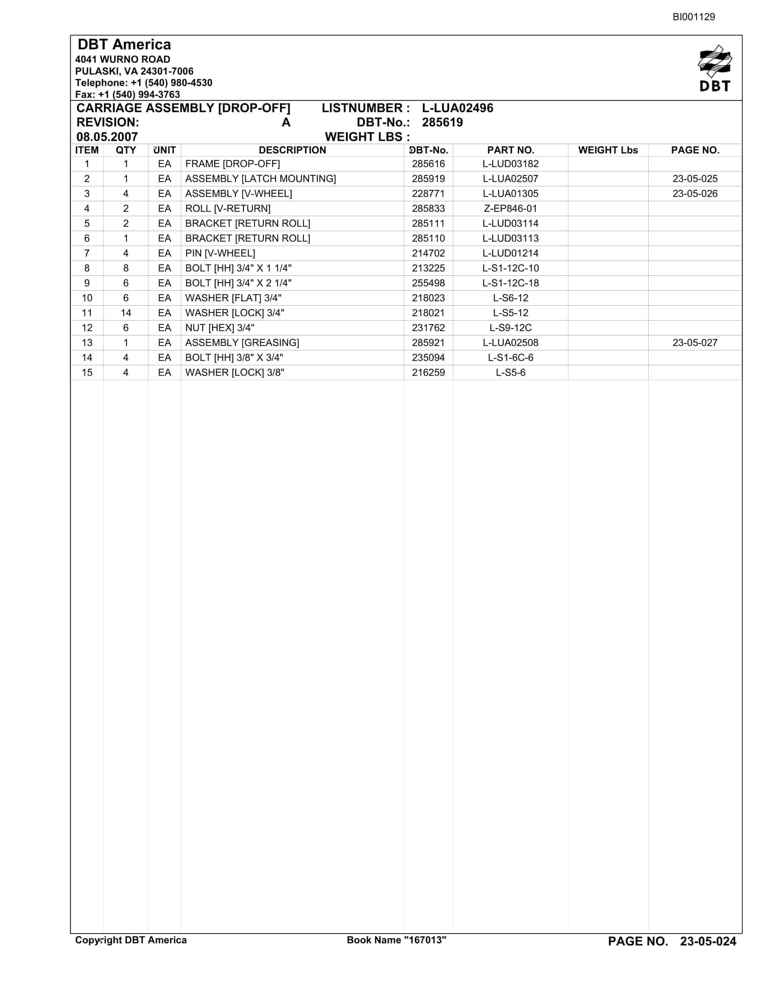 Bucyrus Belt System Parts Catalog BI001129-3