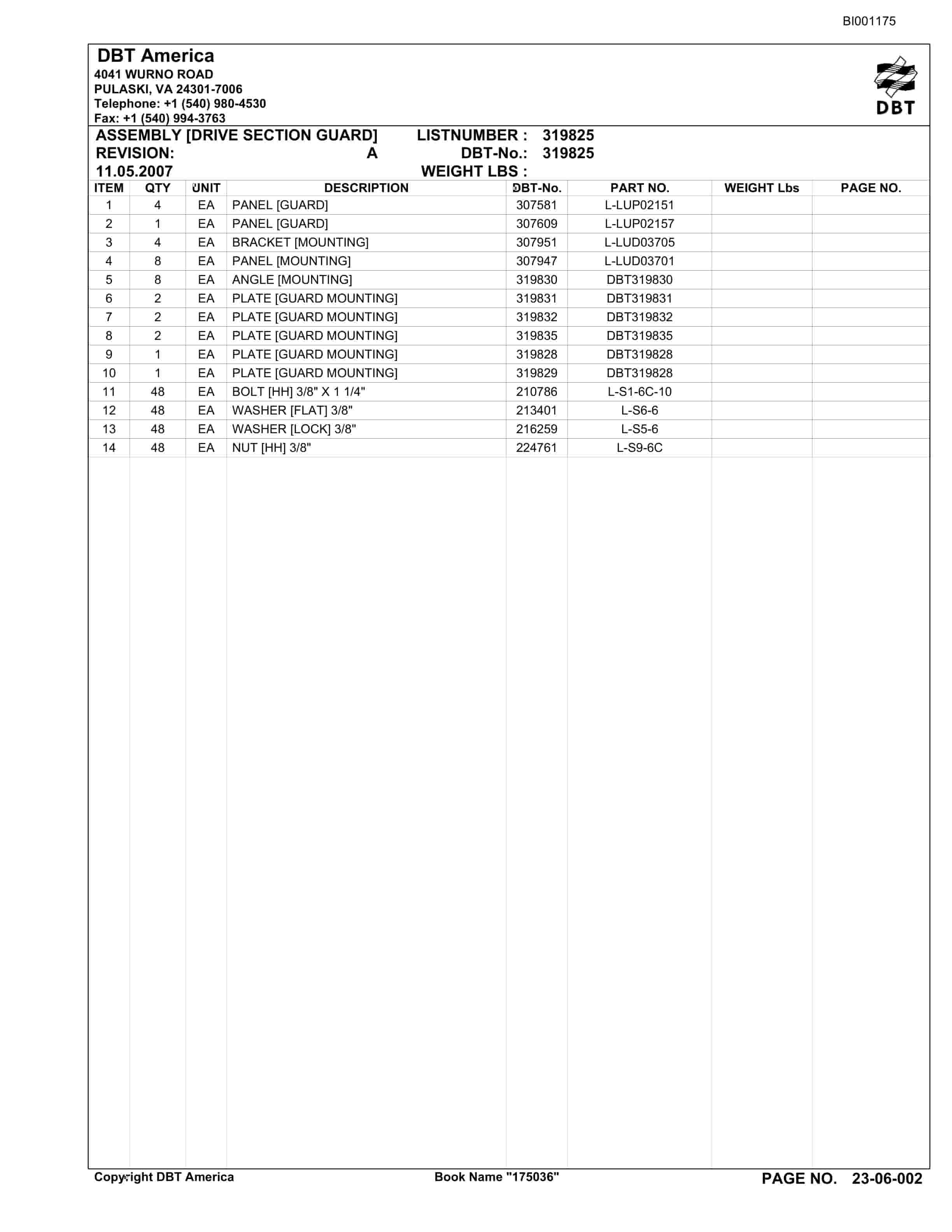 Bucyrus Belt System Parts Catalog BI001175-3