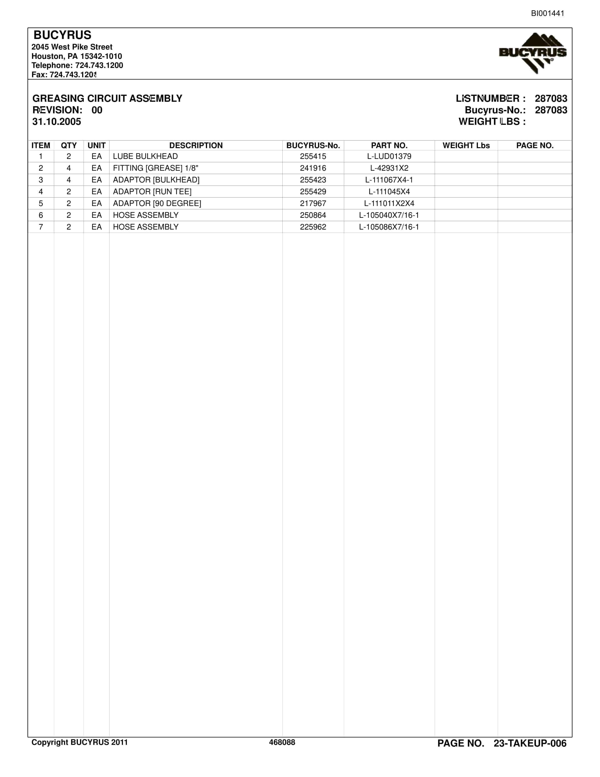 Bucyrus Belt System Parts Catalog BI001441-5
