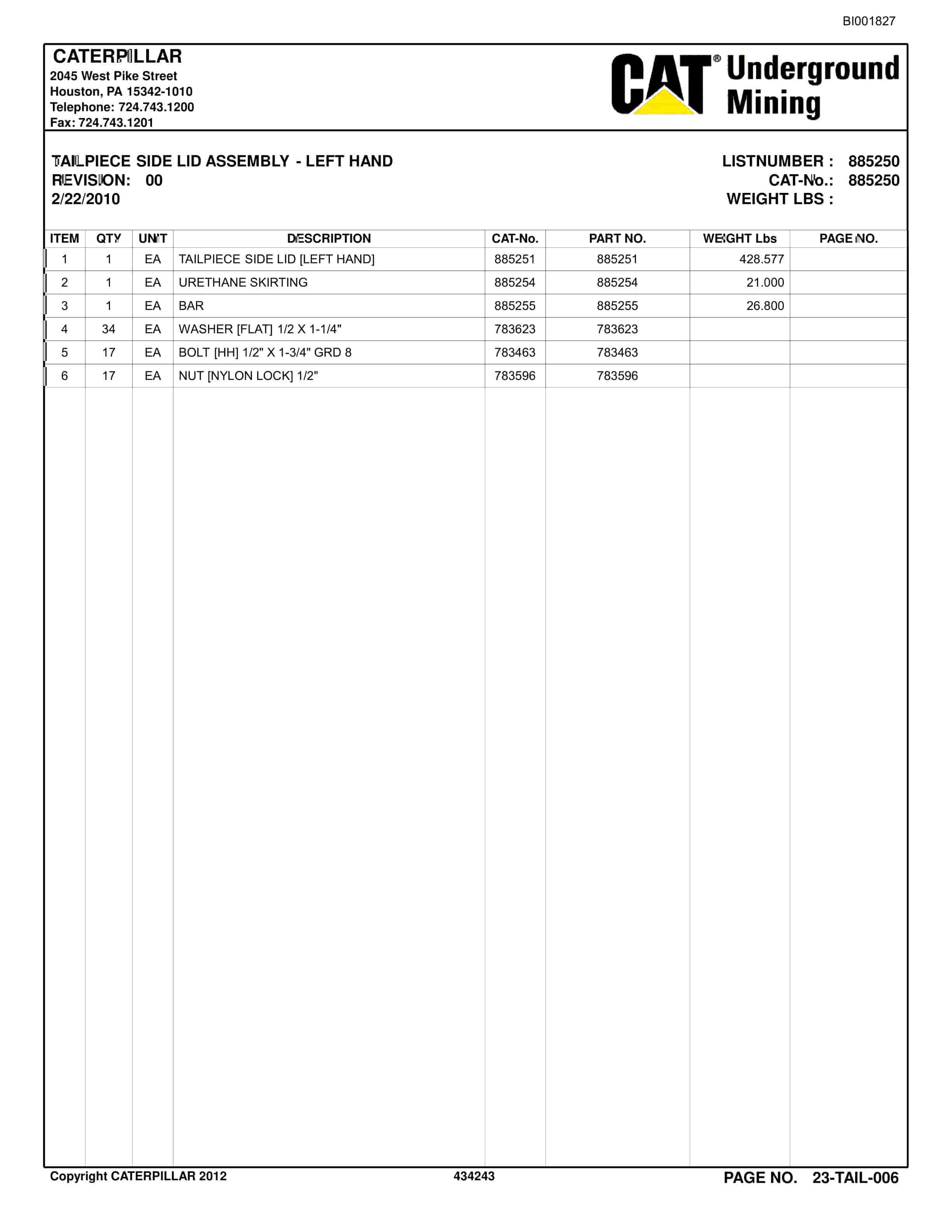 Bucyrus Belt System Parts Catalog BI001827-4