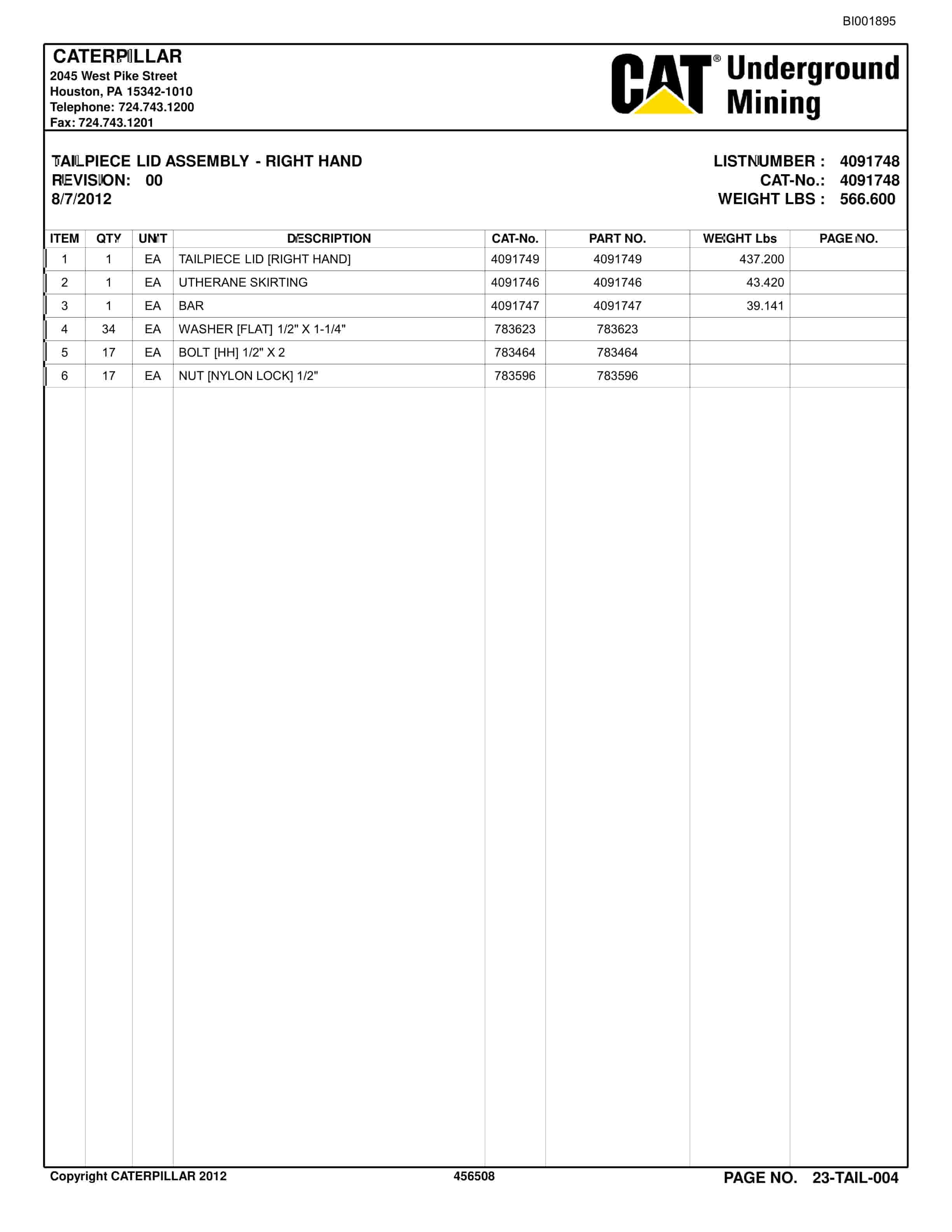 Bucyrus Belt System Parts Catalog BI001895-2