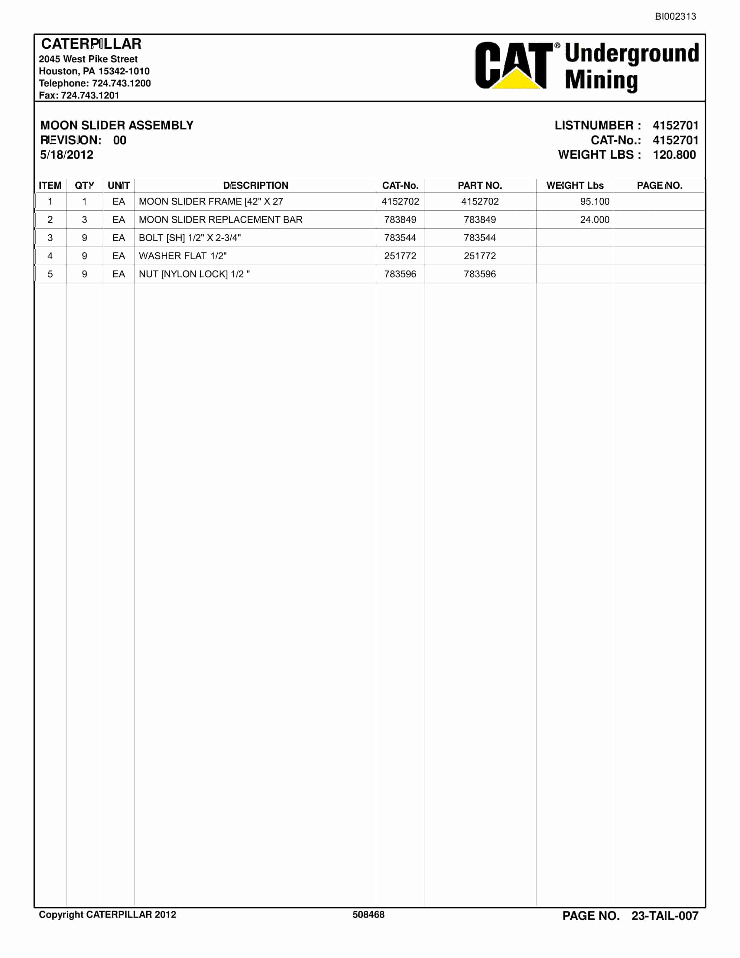 Bucyrus Belt System Parts Catalog BI002313-5
