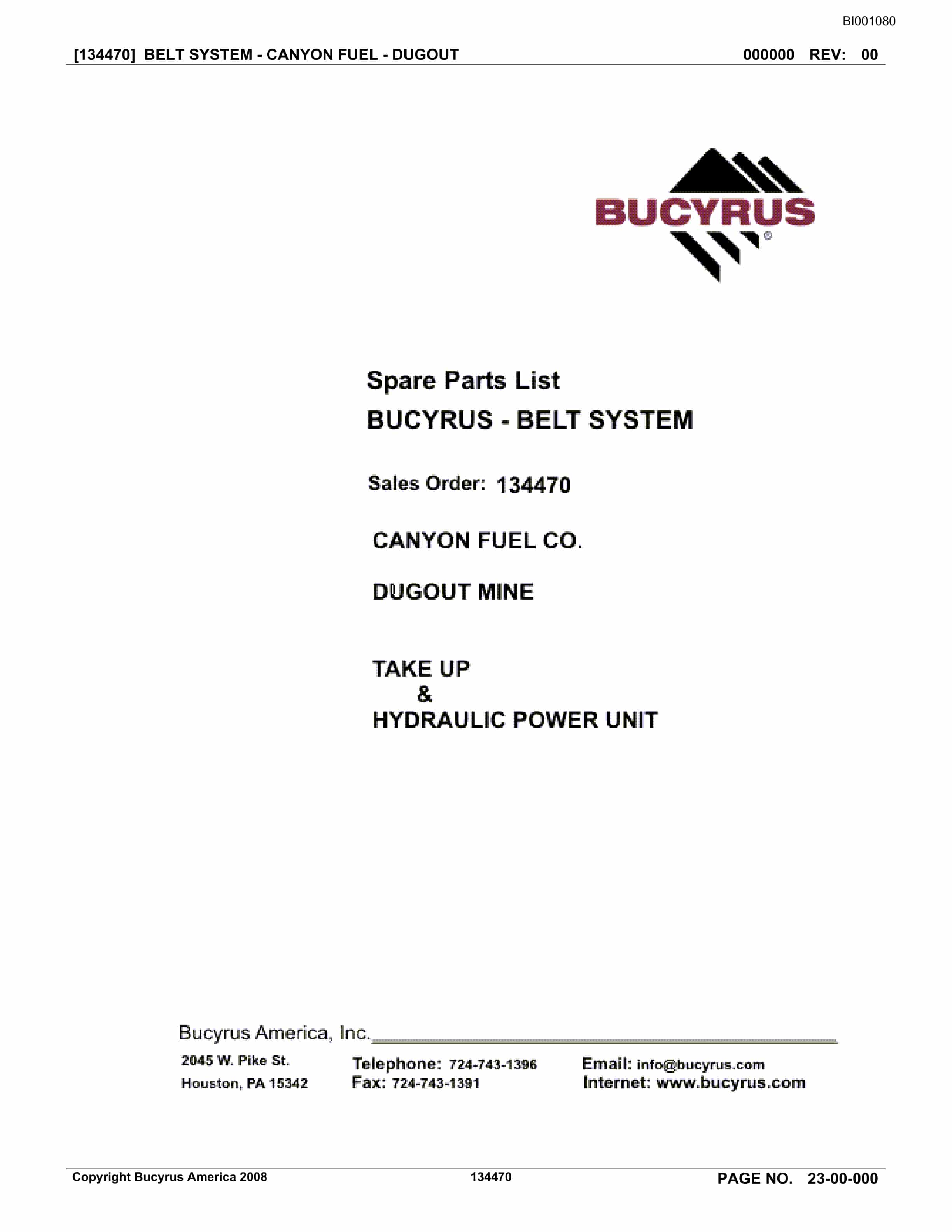 Bucyrus Belt System Spare Parts List BI001080
