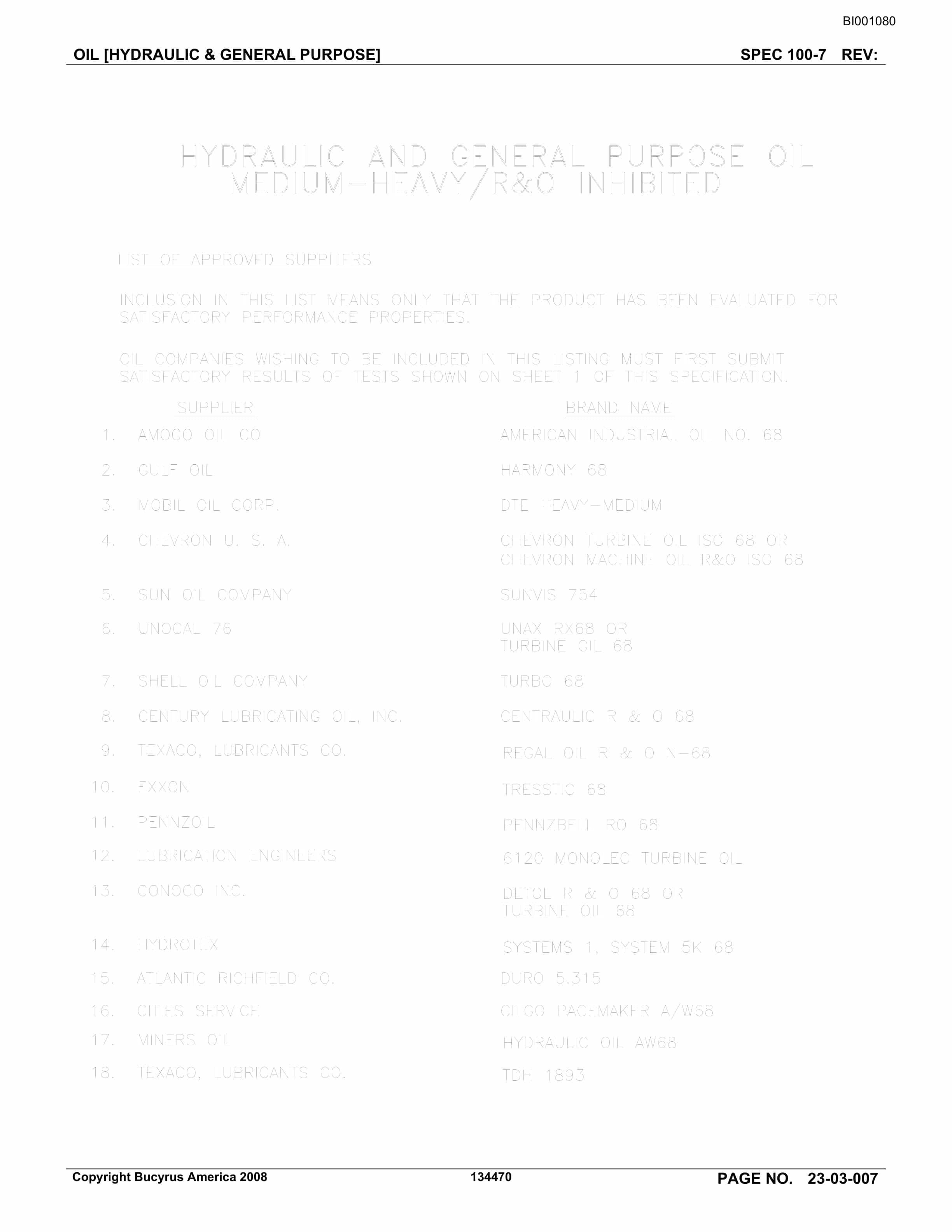 Bucyrus Belt System Spare Parts List BI001080-5