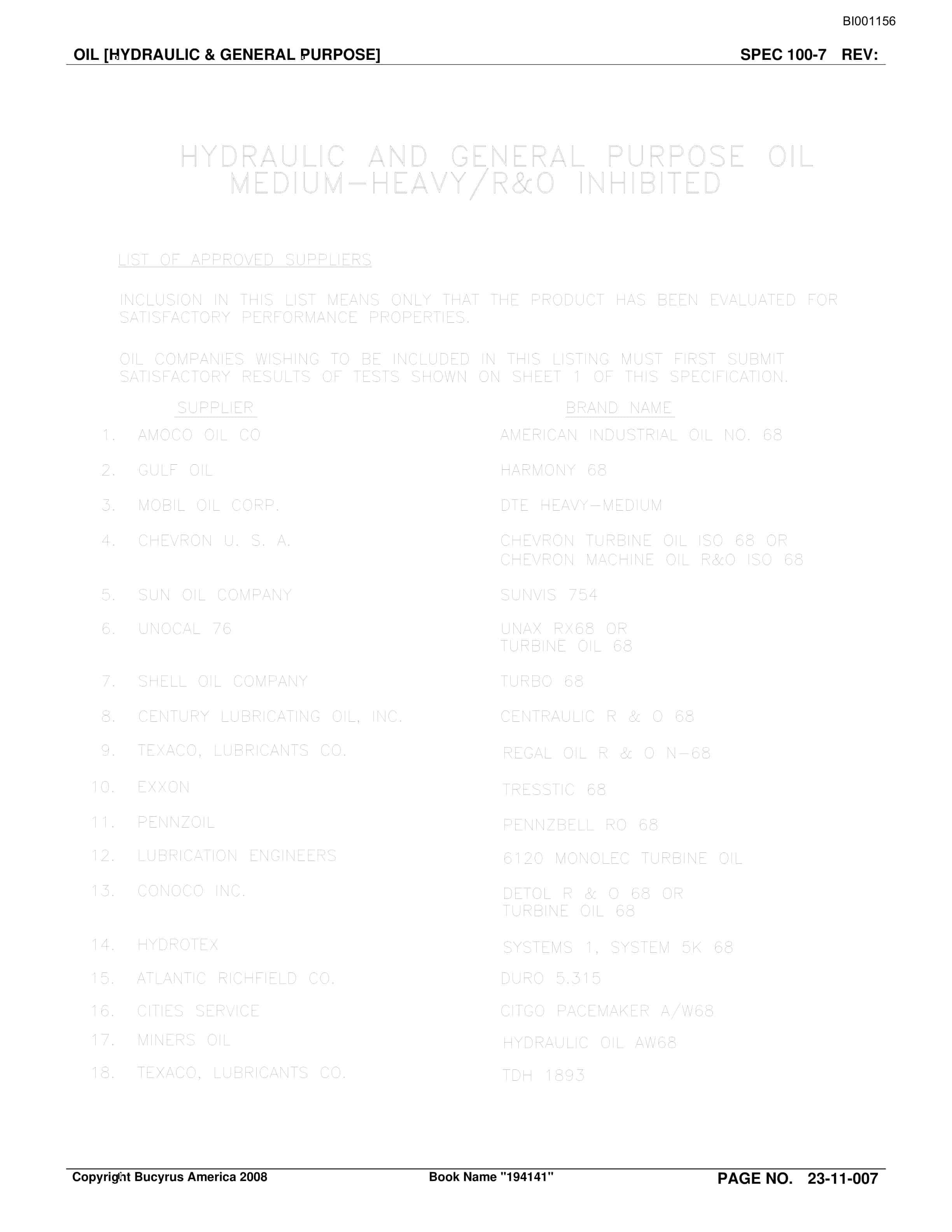 Bucyrus Belt System Spare Parts List BI001156-2