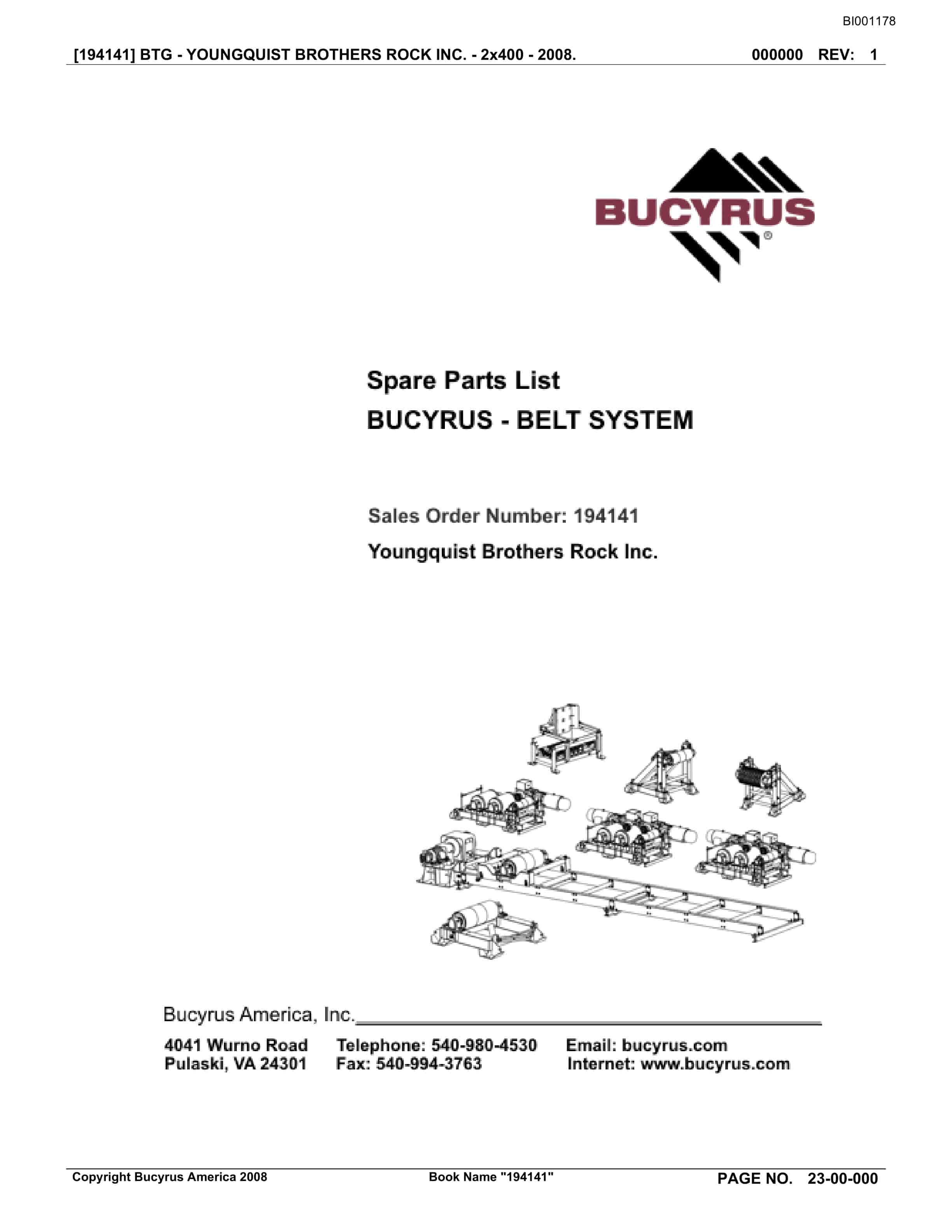 Bucyrus Belt System Spare Parts List BI001178