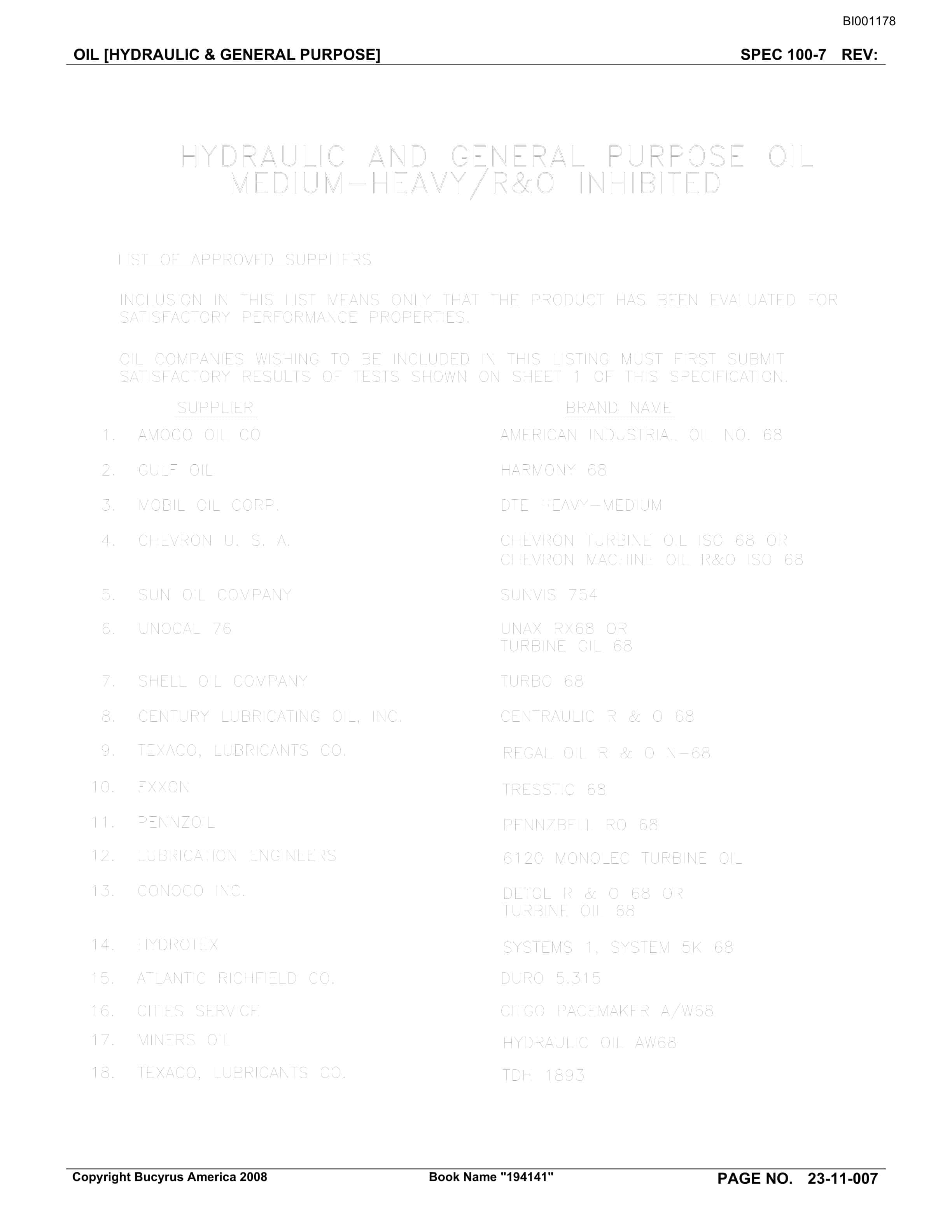 Bucyrus Belt System Spare Parts List BI001178-2