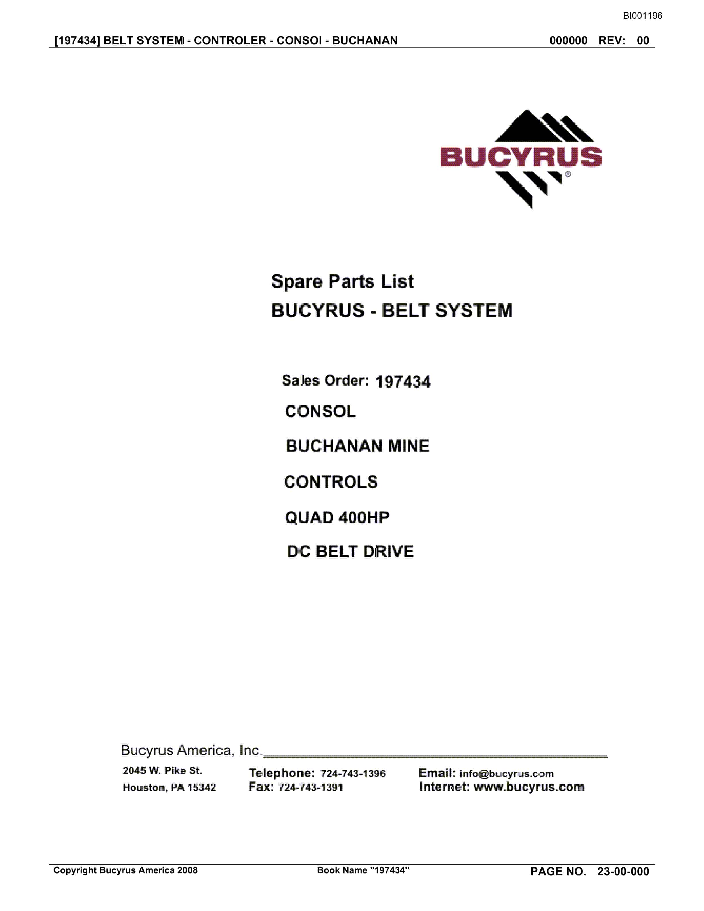 Bucyrus Belt System Spare Parts List BI001196