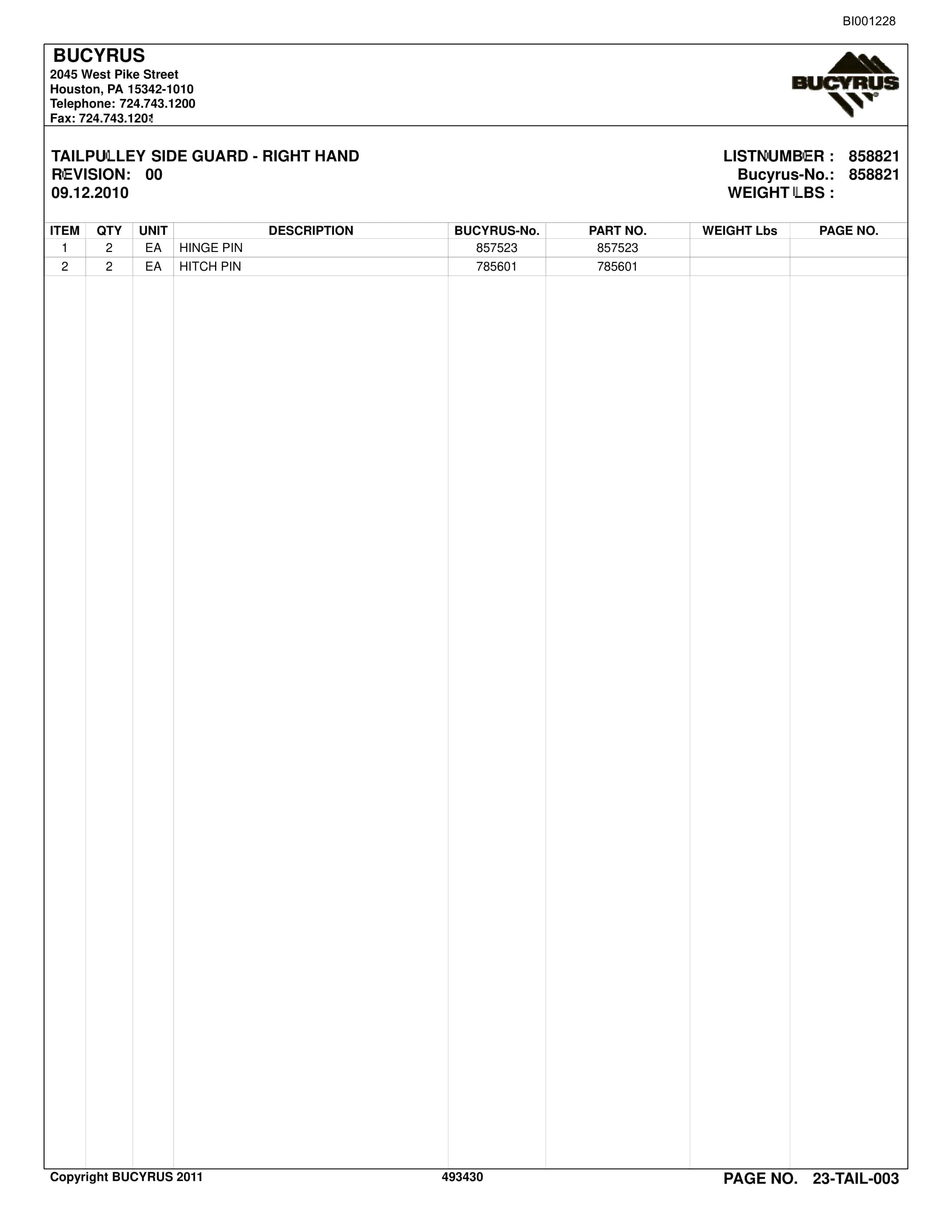 Bucyrus Belt System Spare Parts List BI001228-5