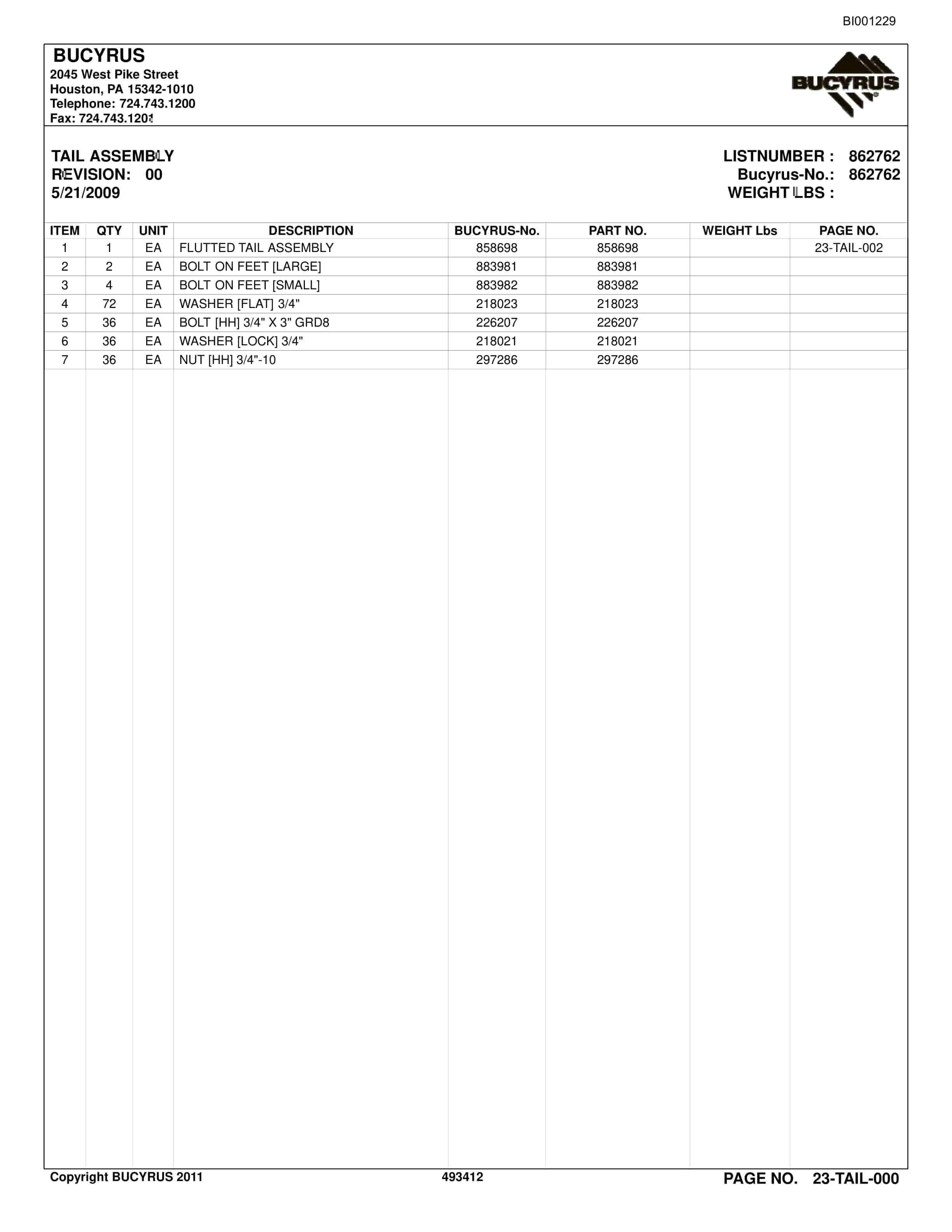 Bucyrus Belt System Spare Parts List BI001229-4