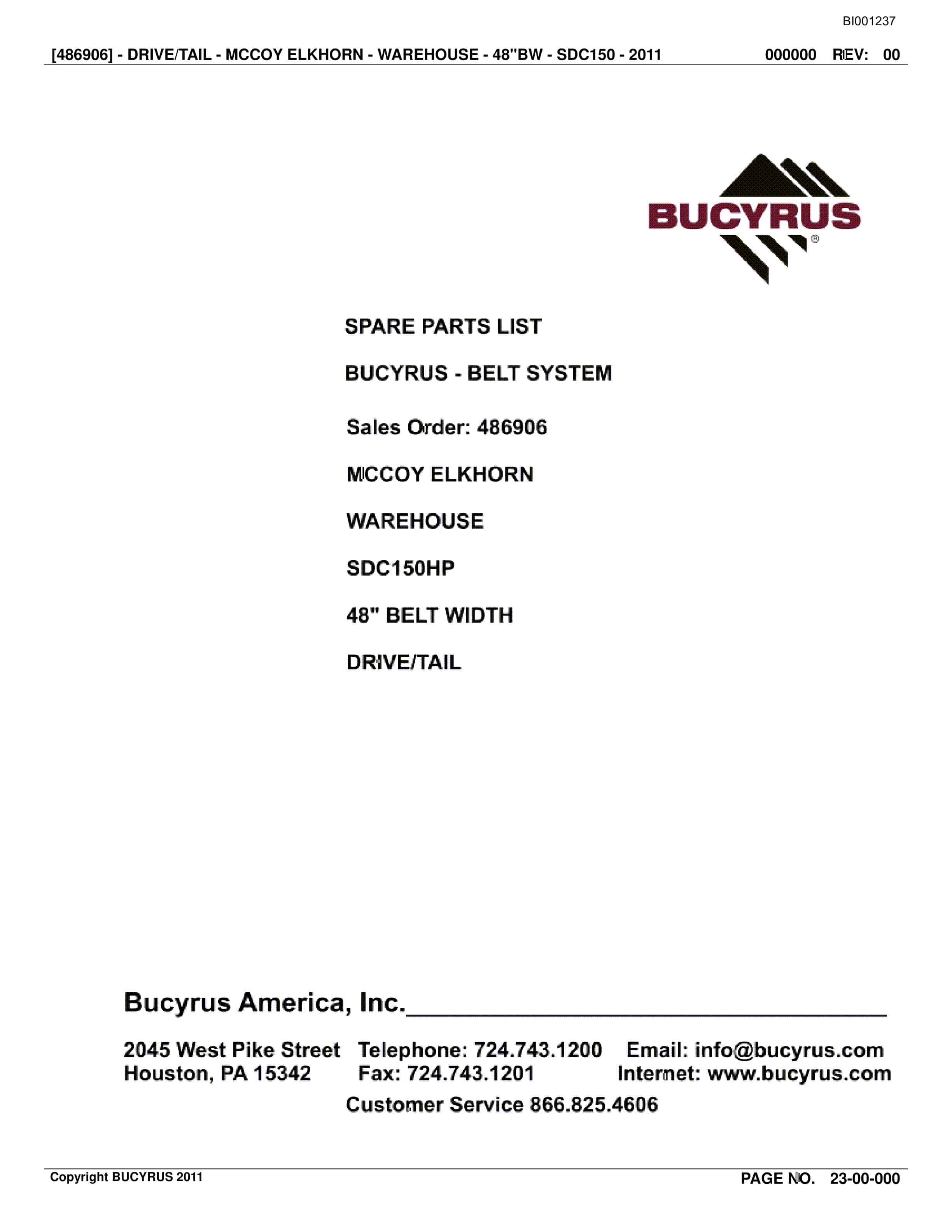 Bucyrus Belt System Spare Parts List BI001237