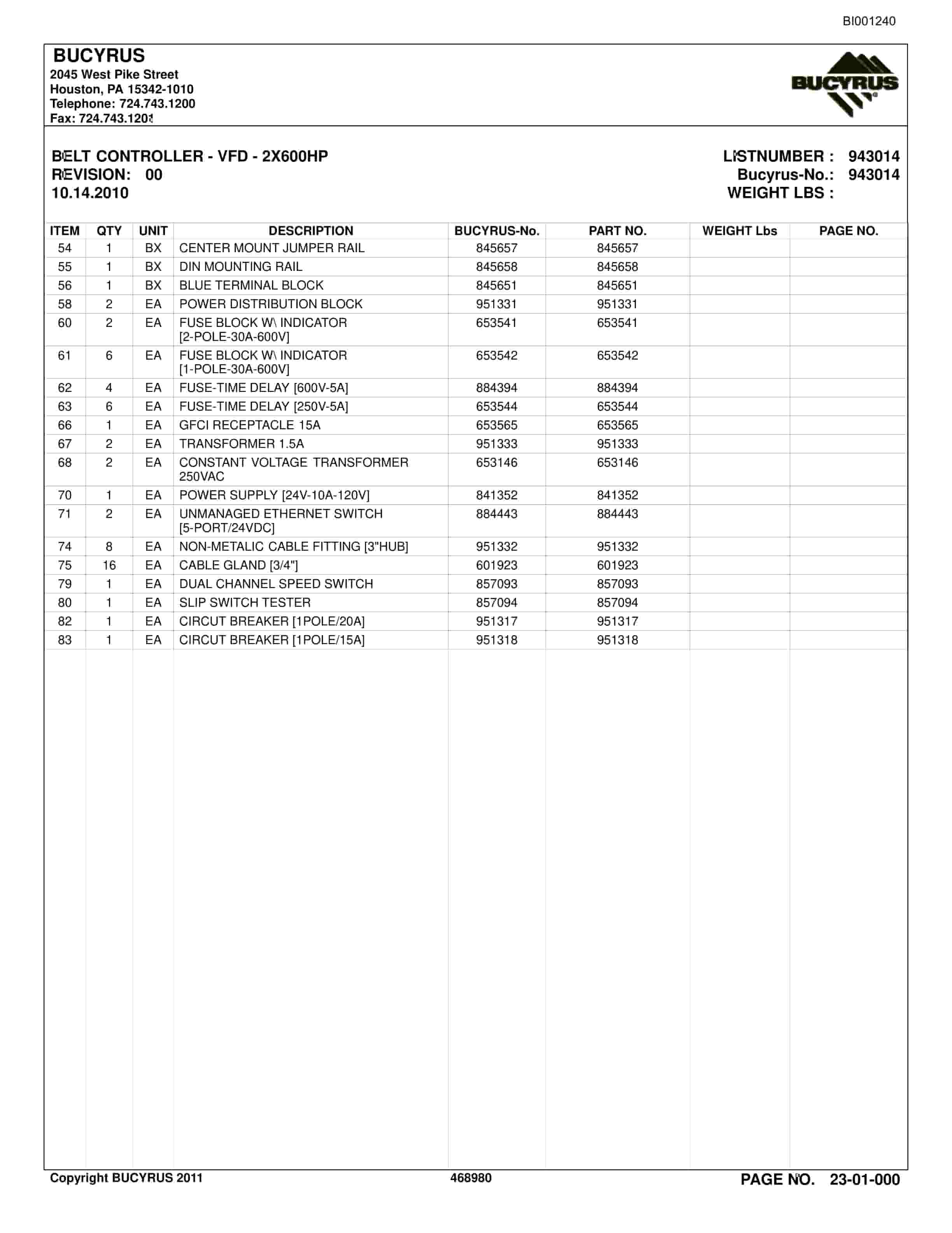 Bucyrus Belt System Spare Parts List BI001240-5