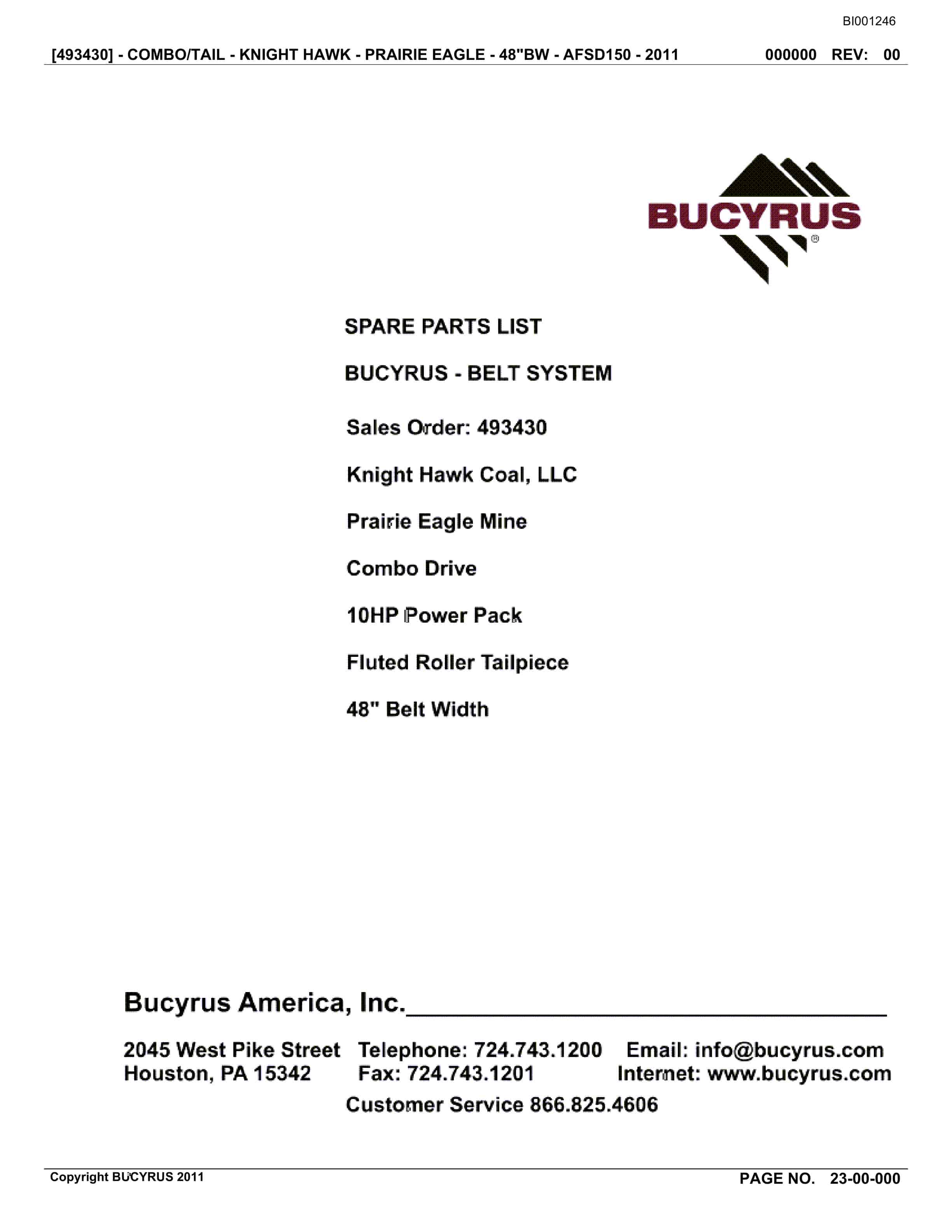 Bucyrus Belt System Spare Parts List BI001246
