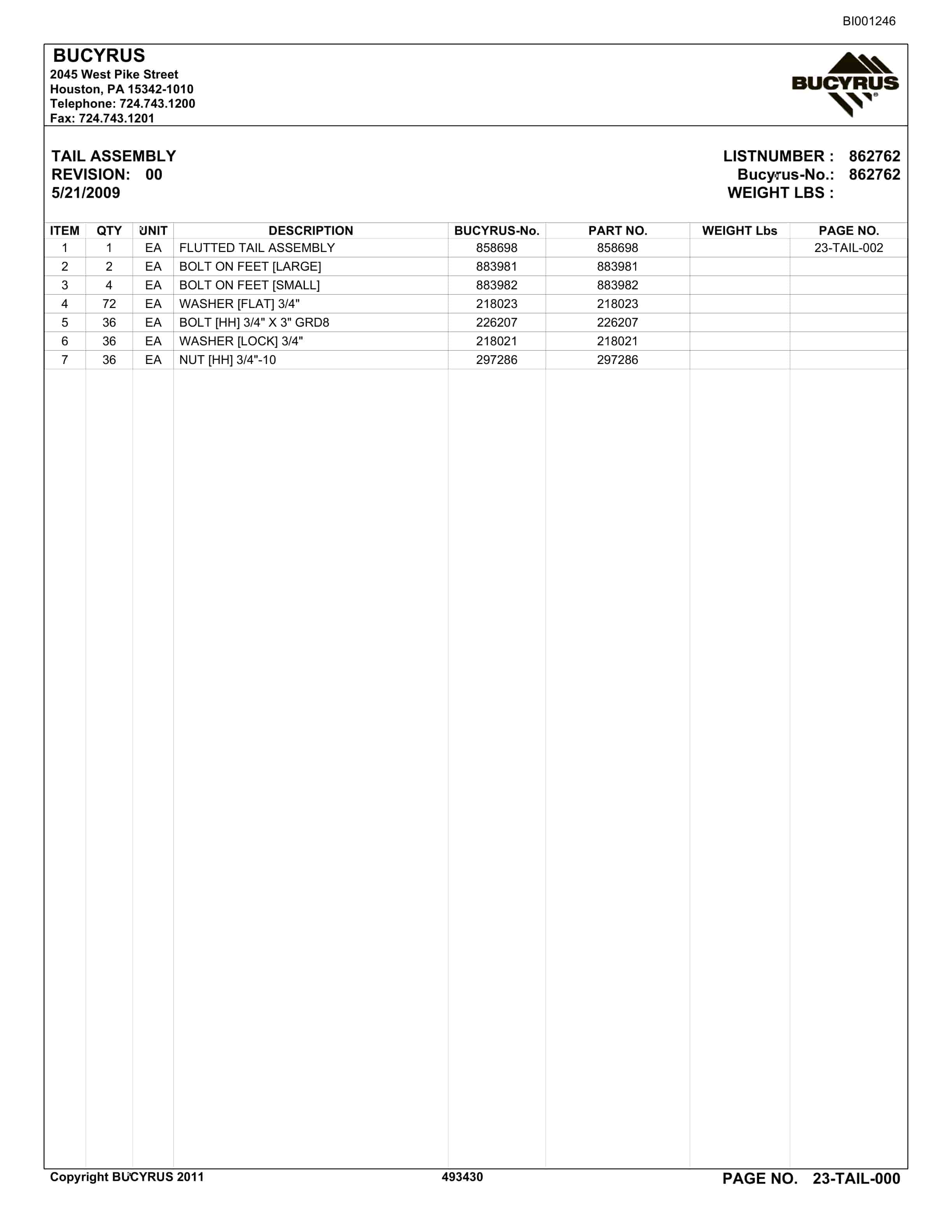 Bucyrus Belt System Spare Parts List BI001246-4