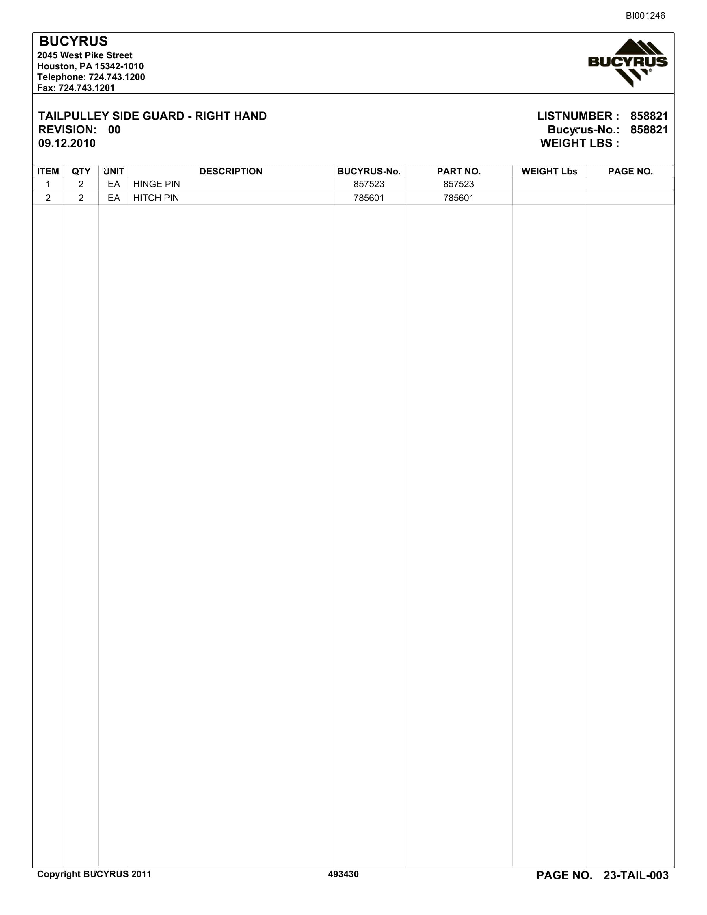Bucyrus Belt System Spare Parts List BI001246-5