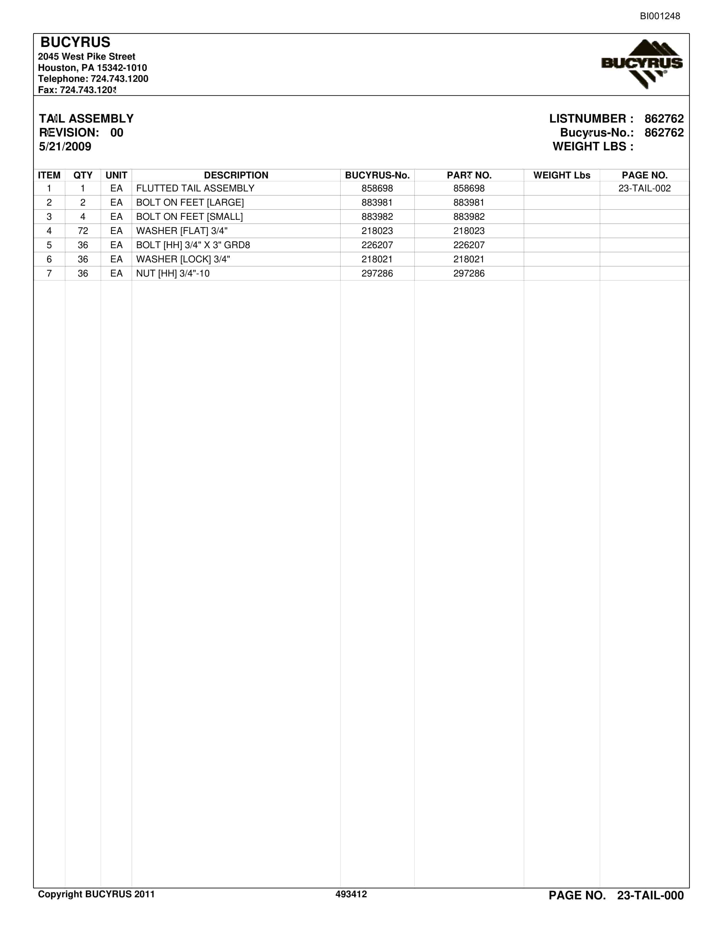 Bucyrus Belt System Spare Parts List BI001248-4
