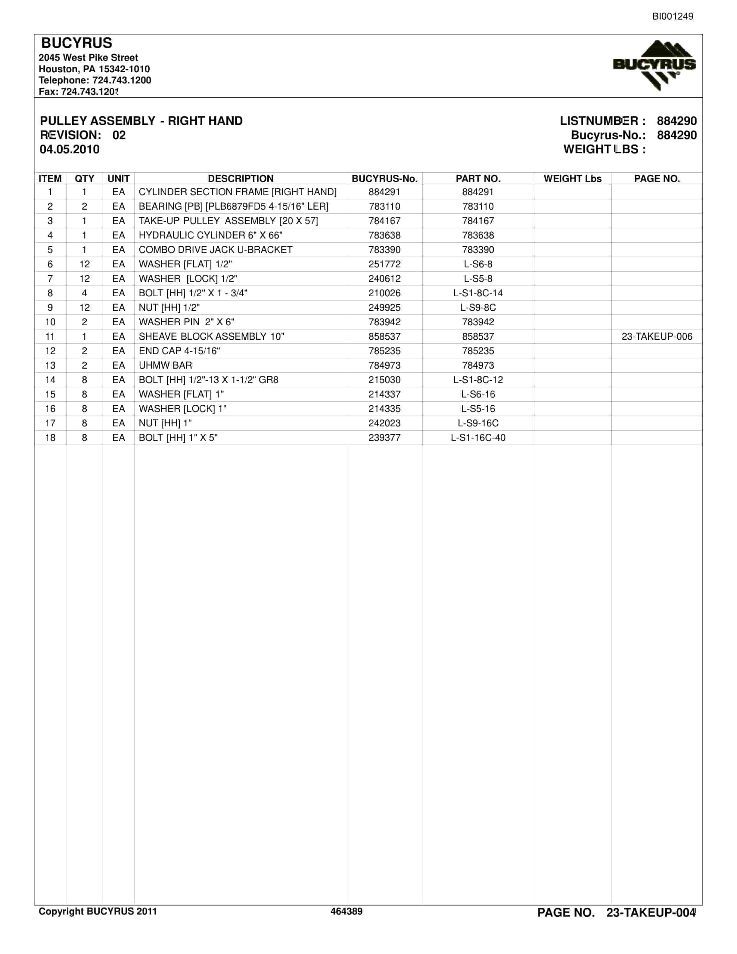 Bucyrus Belt System Spare Parts List BI001249-4