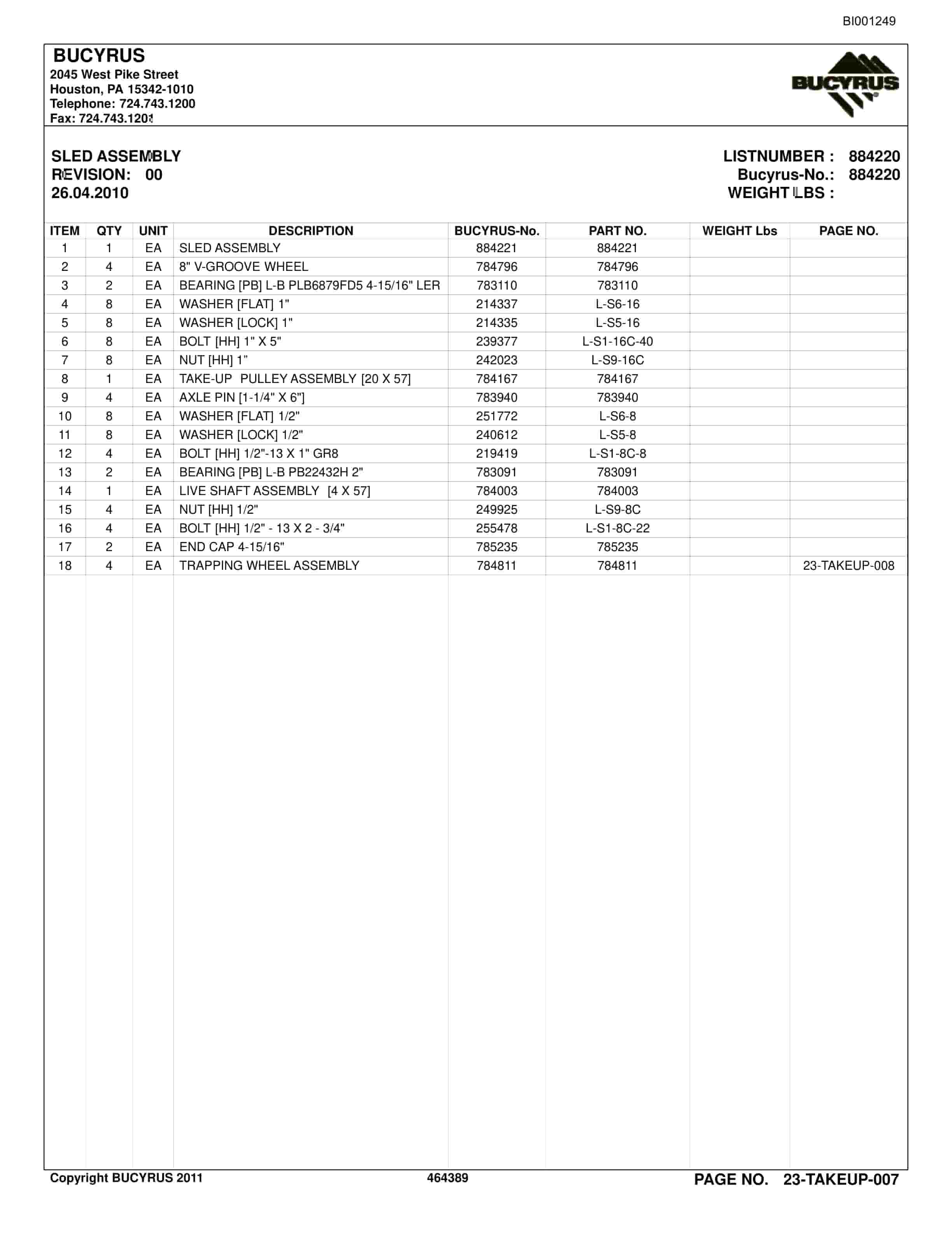 Bucyrus Belt System Spare Parts List BI001249-5