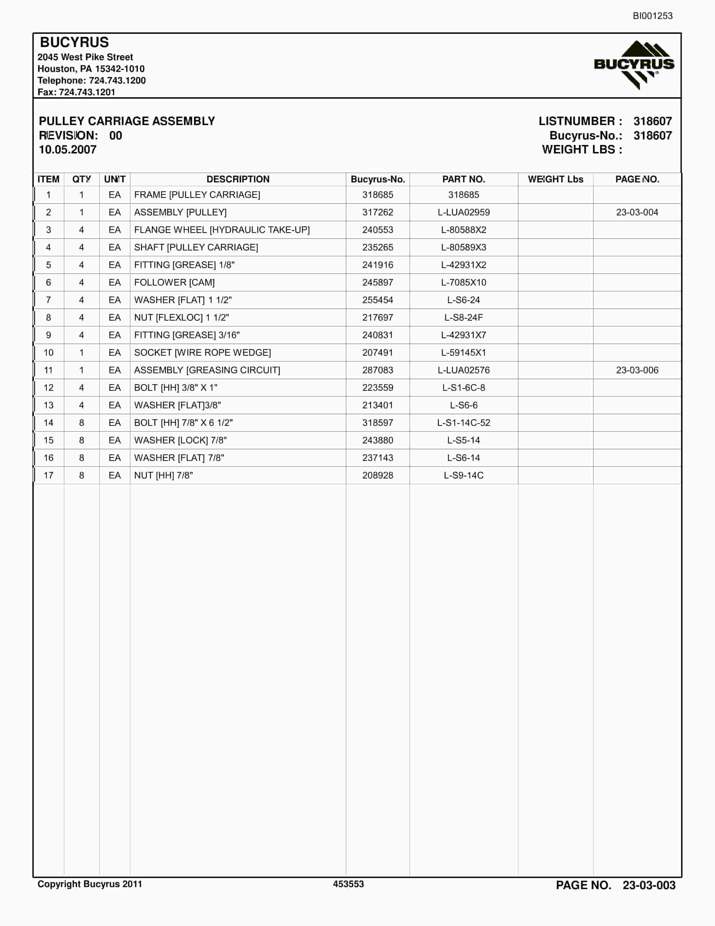 Bucyrus Belt System Spare Parts List BI001253-4