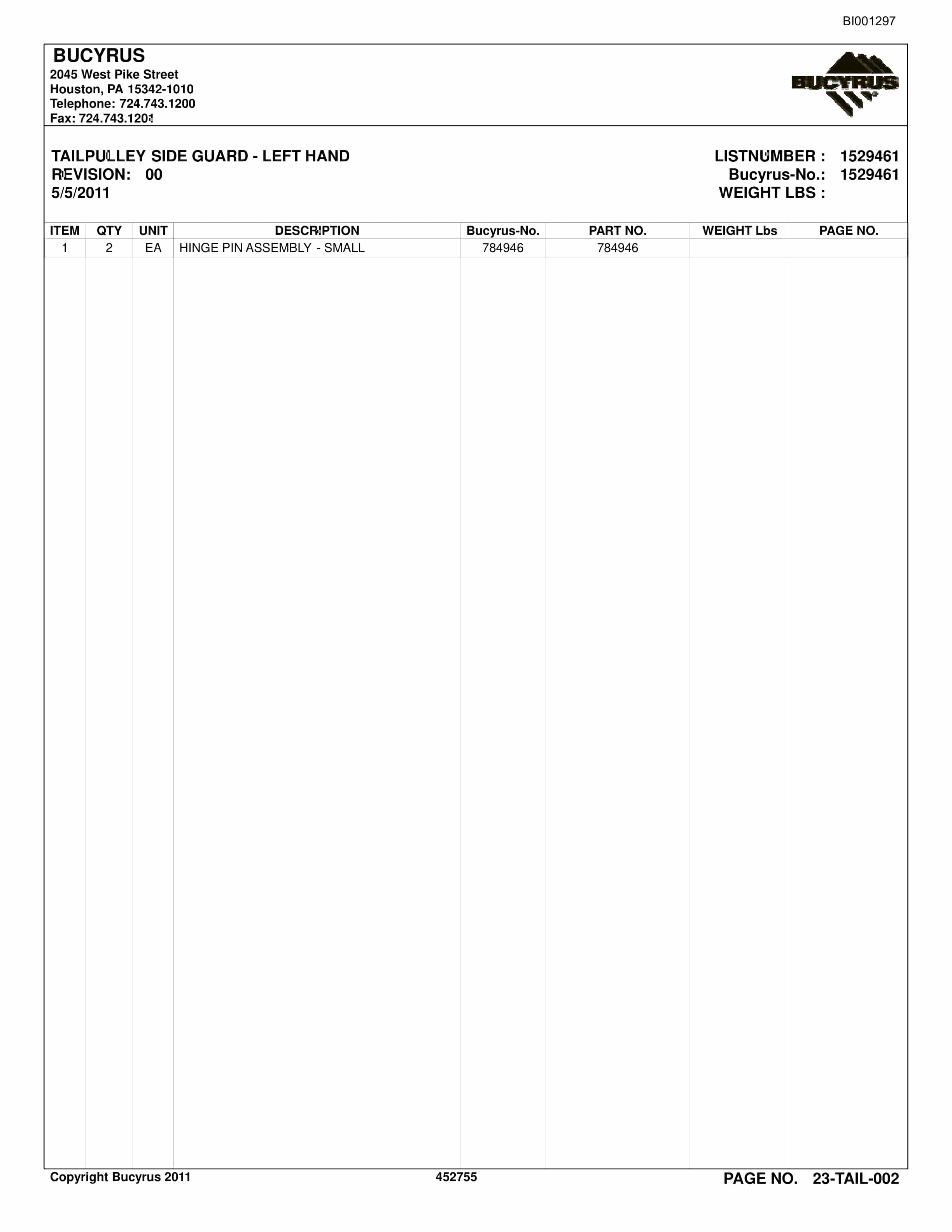 Bucyrus Belt System Spare Parts List BI001297-3