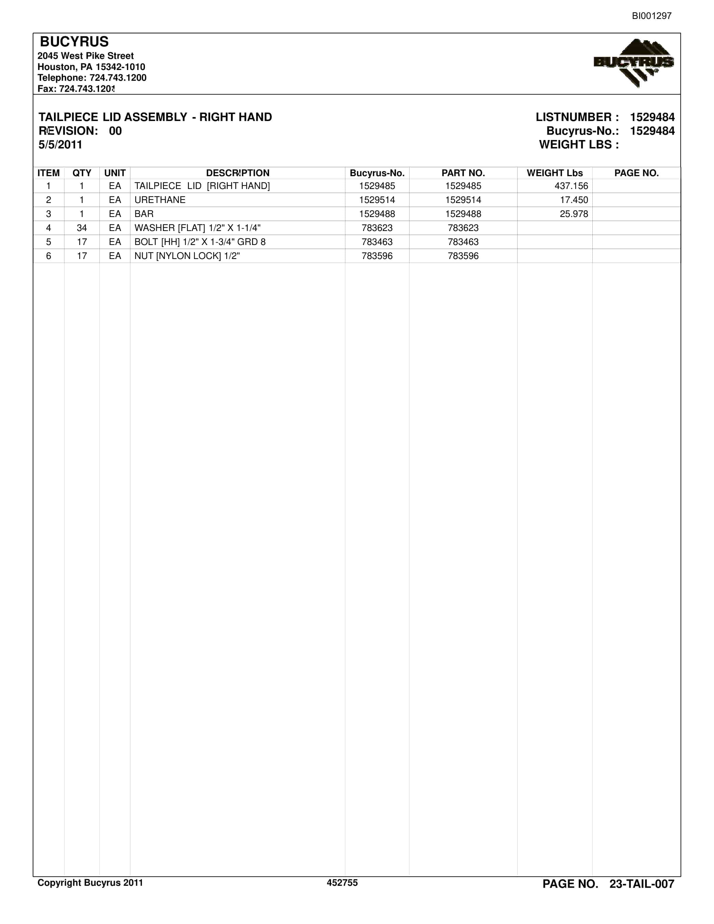 Bucyrus Belt System Spare Parts List BI001297-4