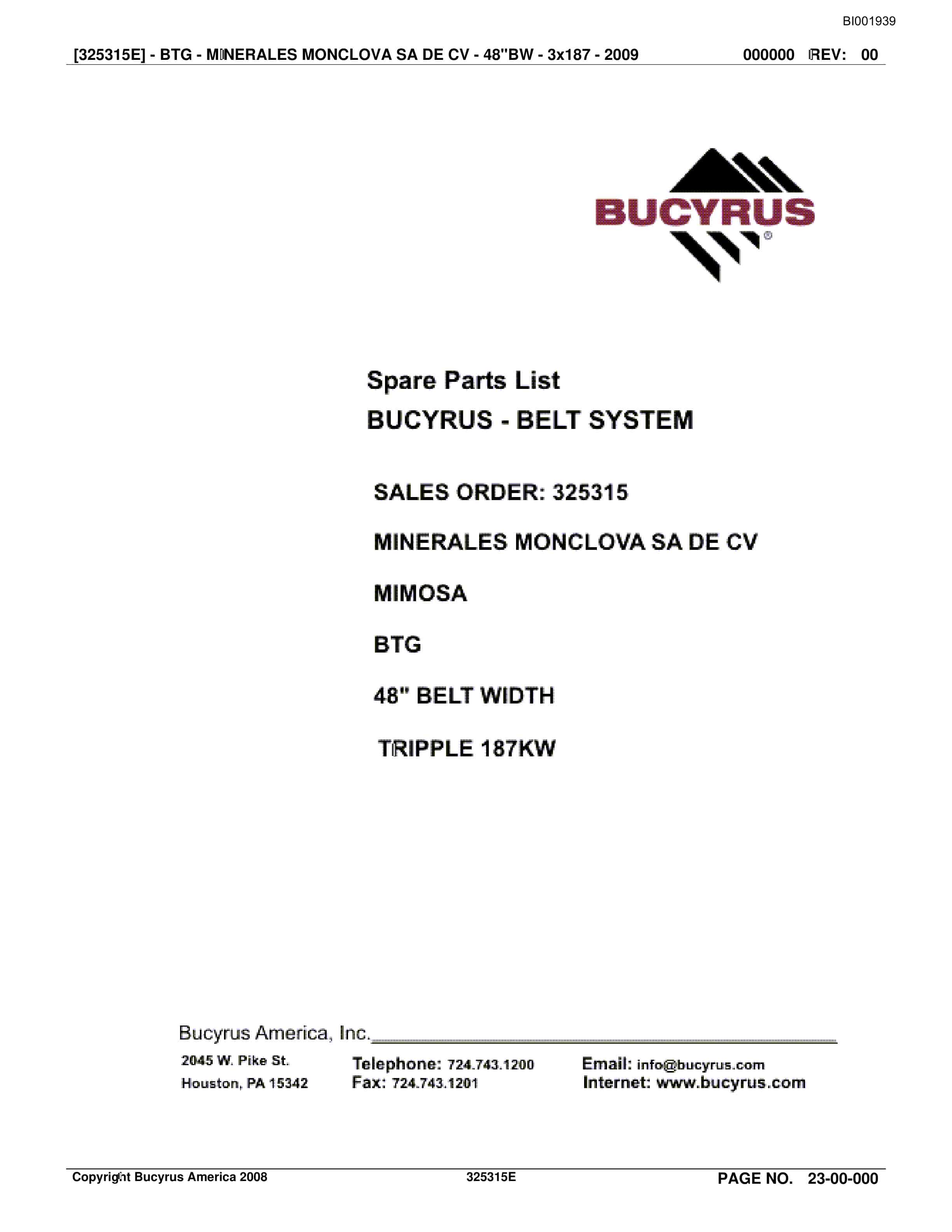 Bucyrus Belt System Spare Parts List BI001939
