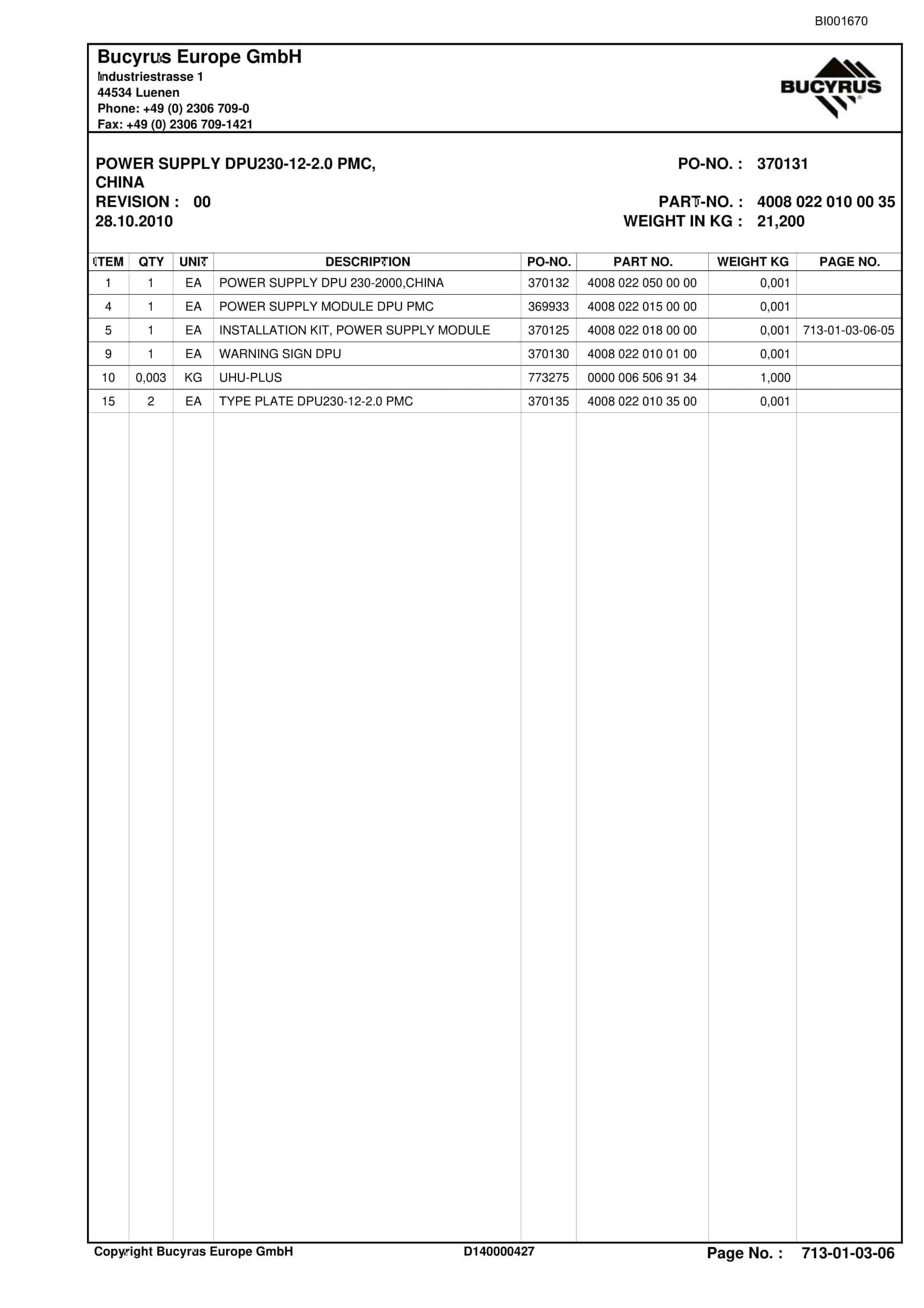 Bucyrus BSL PF 6-1742 Parts Catalog BI001670-3