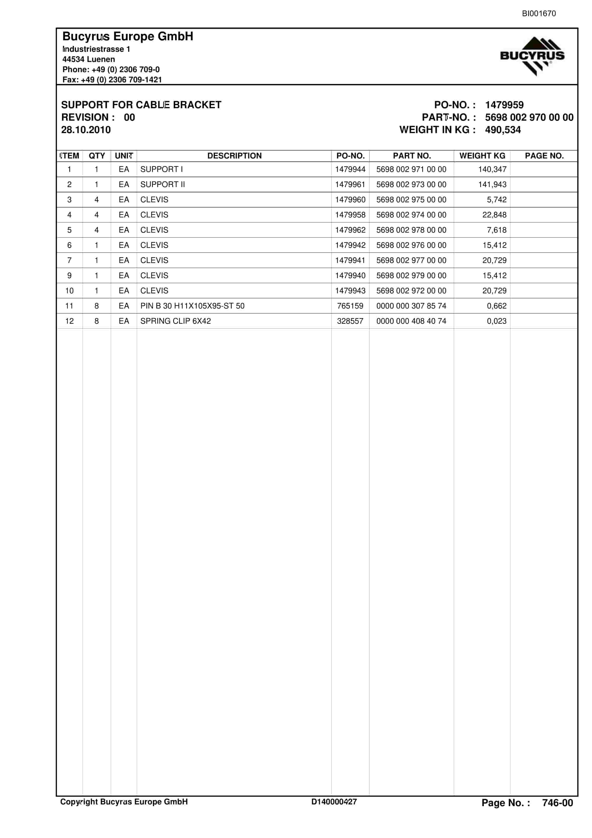 Bucyrus BSL PF 6-1742 Parts Catalog BI001670-5