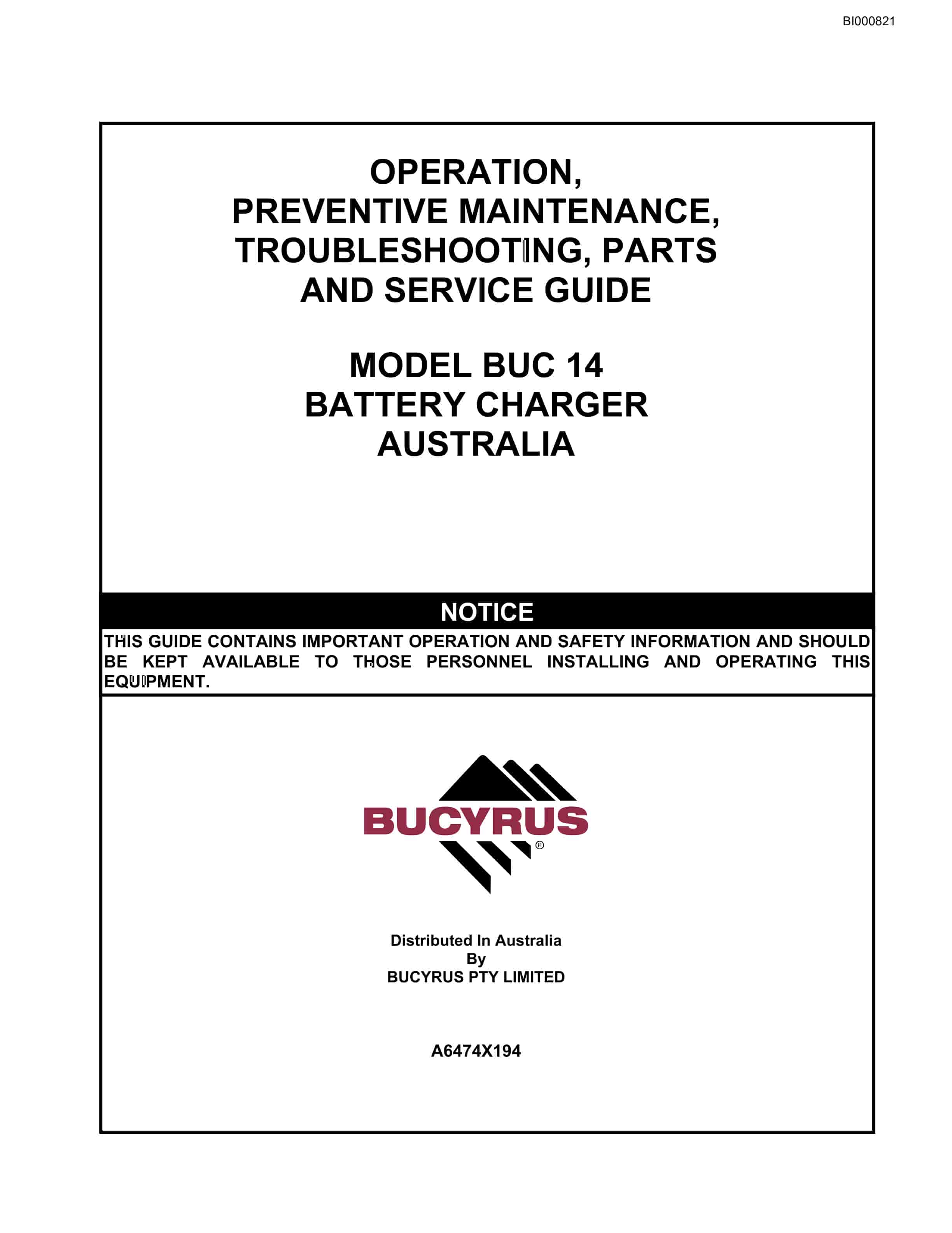 Bucyrus BUC14 Battery Charger Operation Manual BI000821