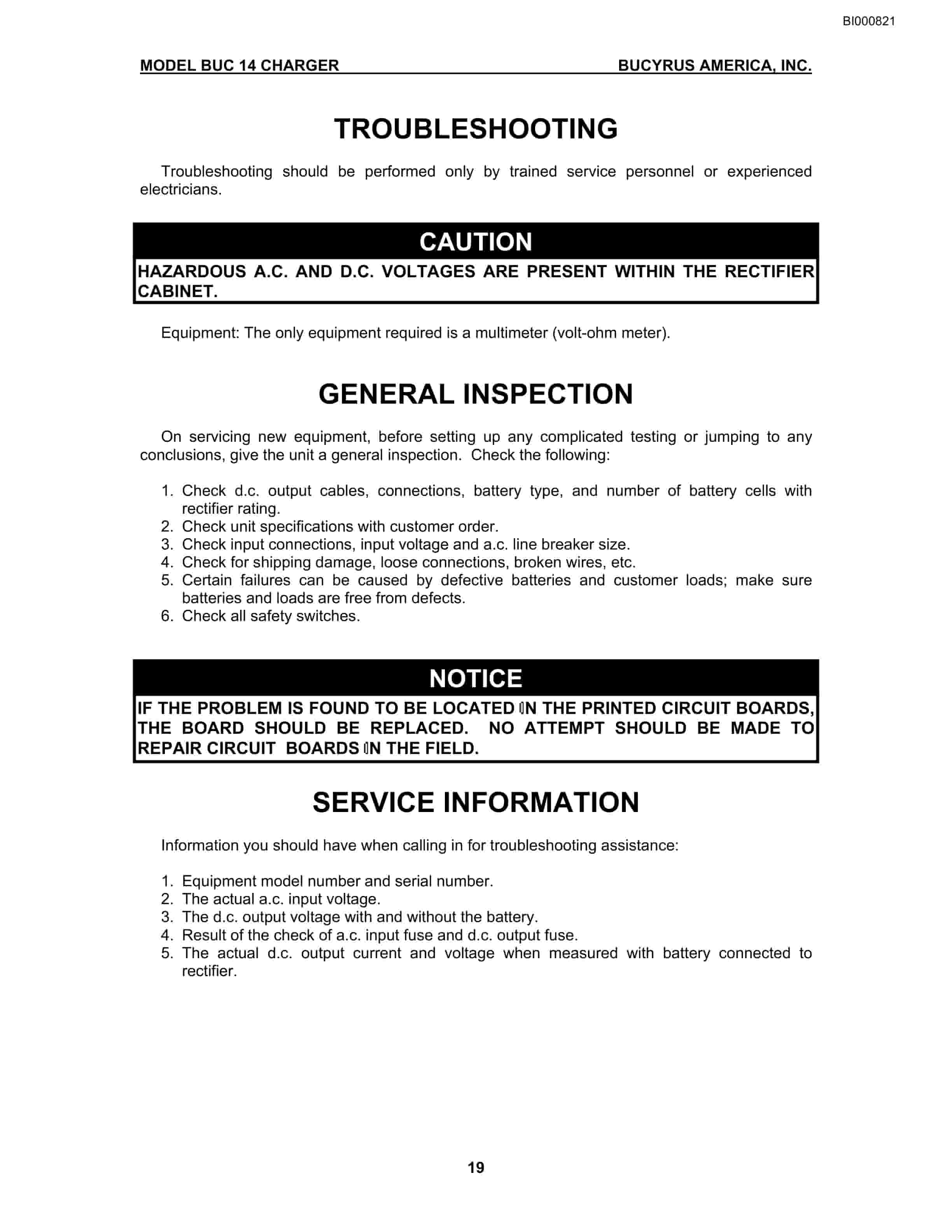 Bucyrus BUC14 Battery Charger Operation Manual BI000821-2