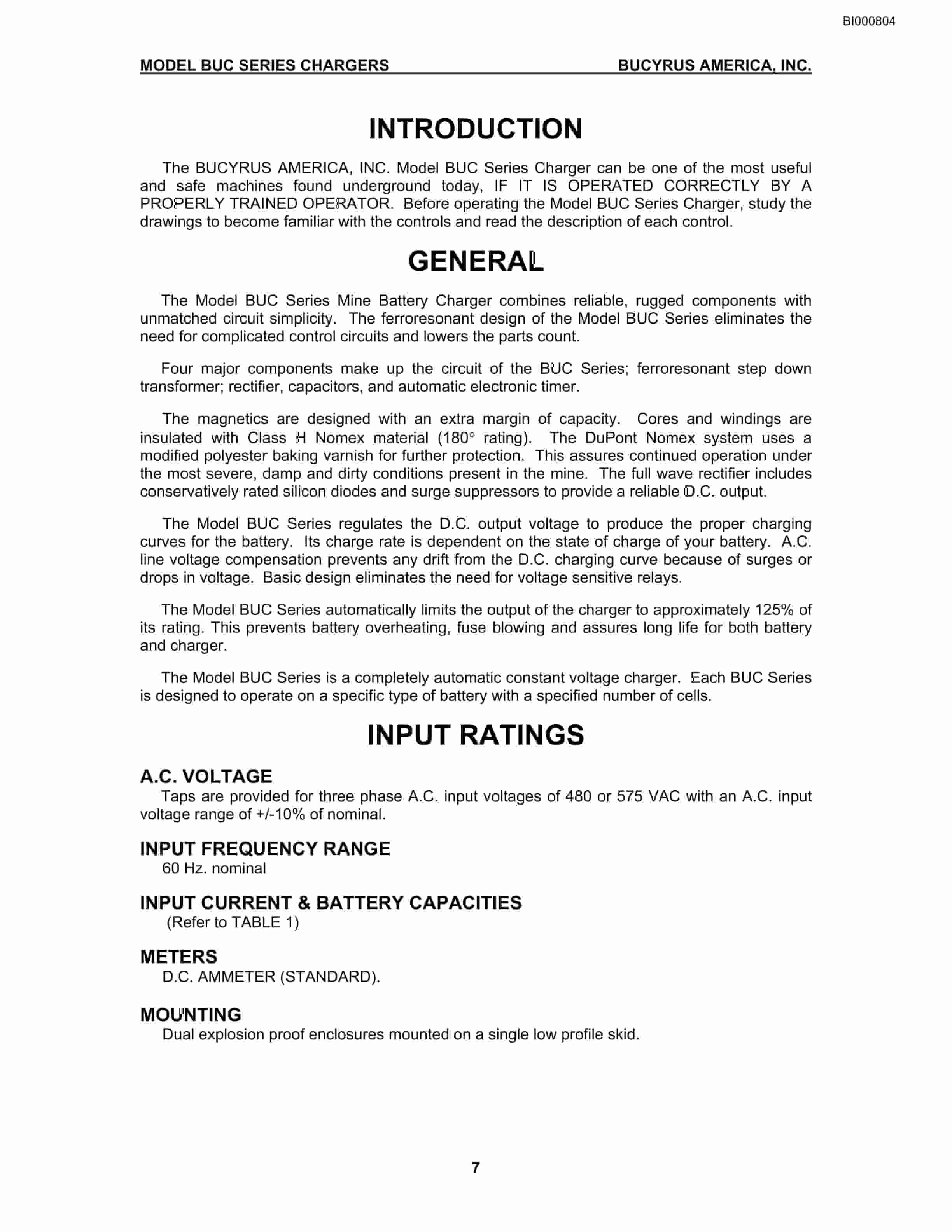Bucyrus BUC5M, BUC6M, BUC8M, BUC10M, BUC12M, BUC14M Battery Chargers Technical Manual BI000804-2