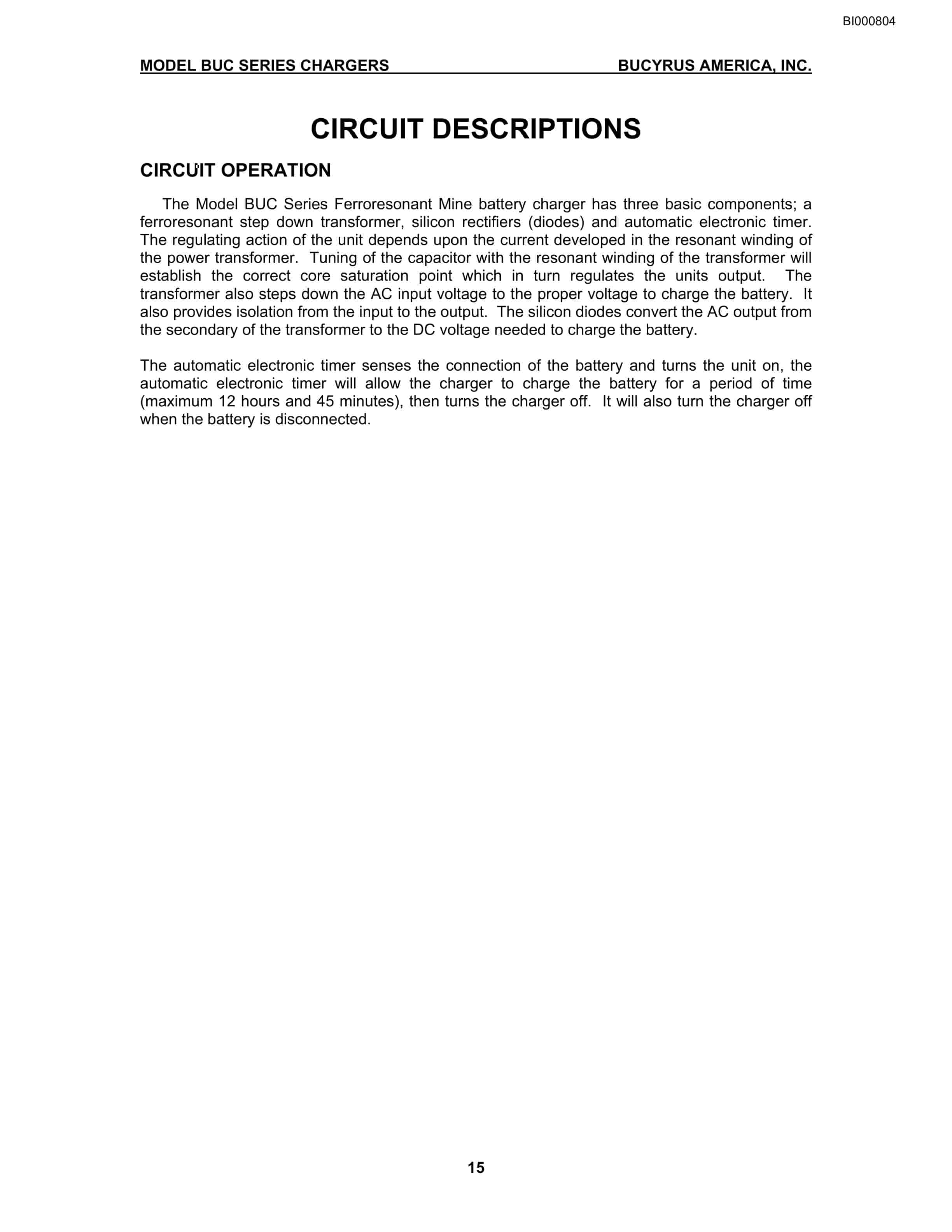 Bucyrus BUC5M, BUC6M, BUC8M, BUC10M, BUC12M, BUC14M Battery Chargers Technical Manual BI000804-4