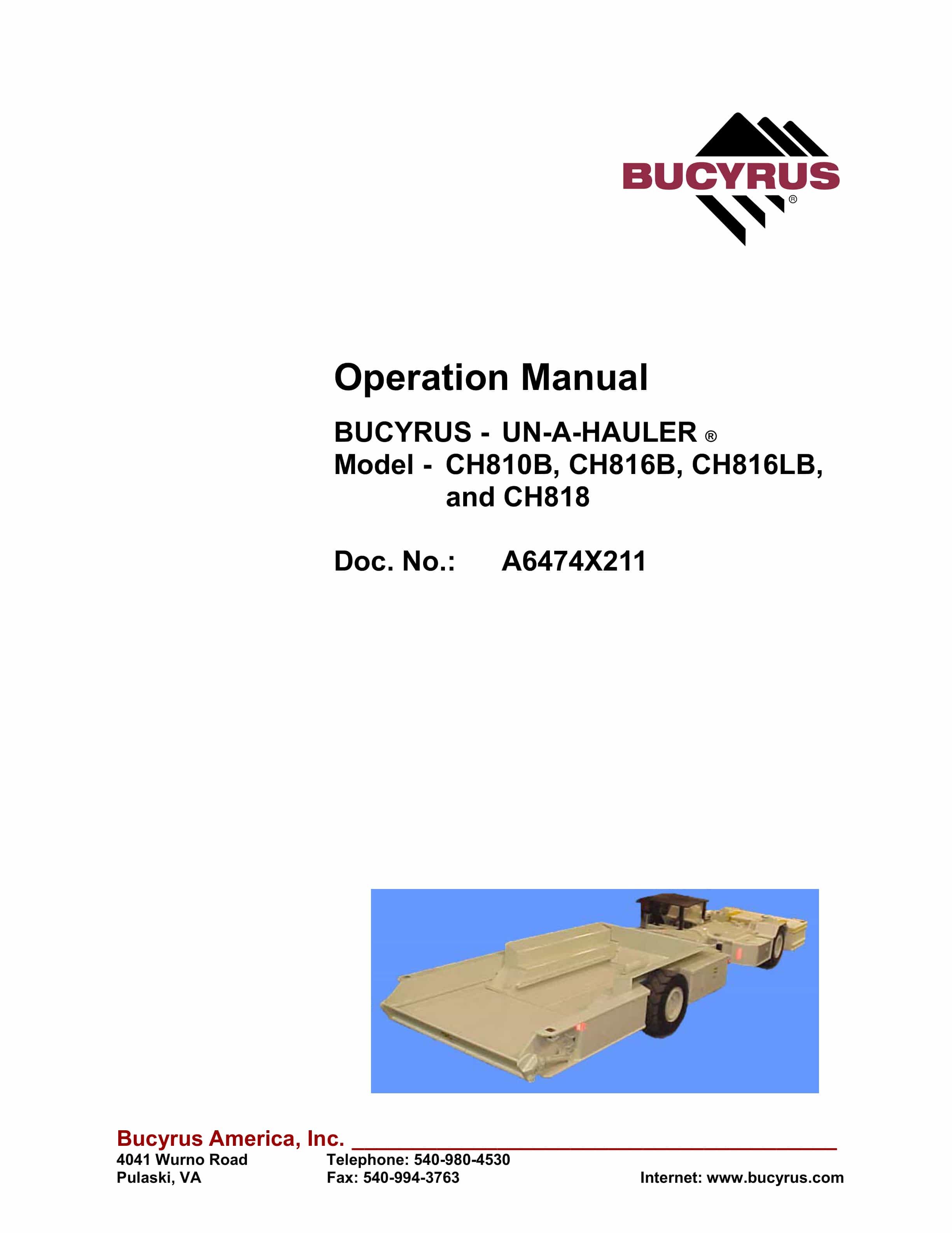 Bucyrus CH810B, CH816B, CH816LB, CH818 Operation Manual A6474X211