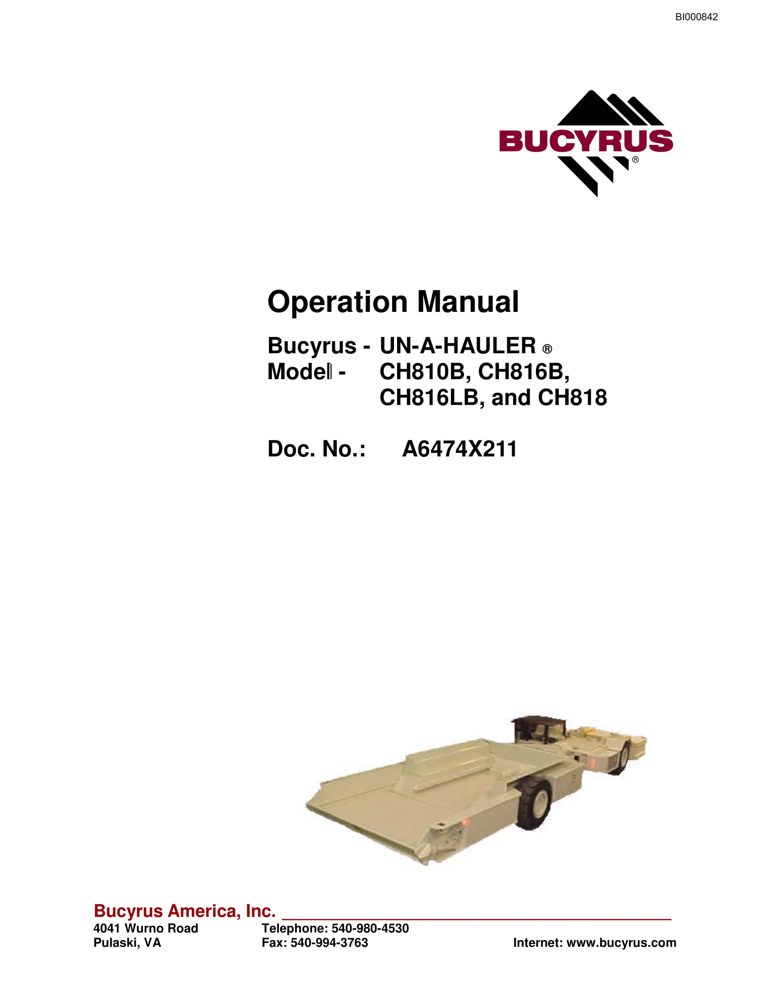 Bucyrus CH810B, CH816B, CH816LB, CH818 UN-A-HAULER Operation Manual BI000842