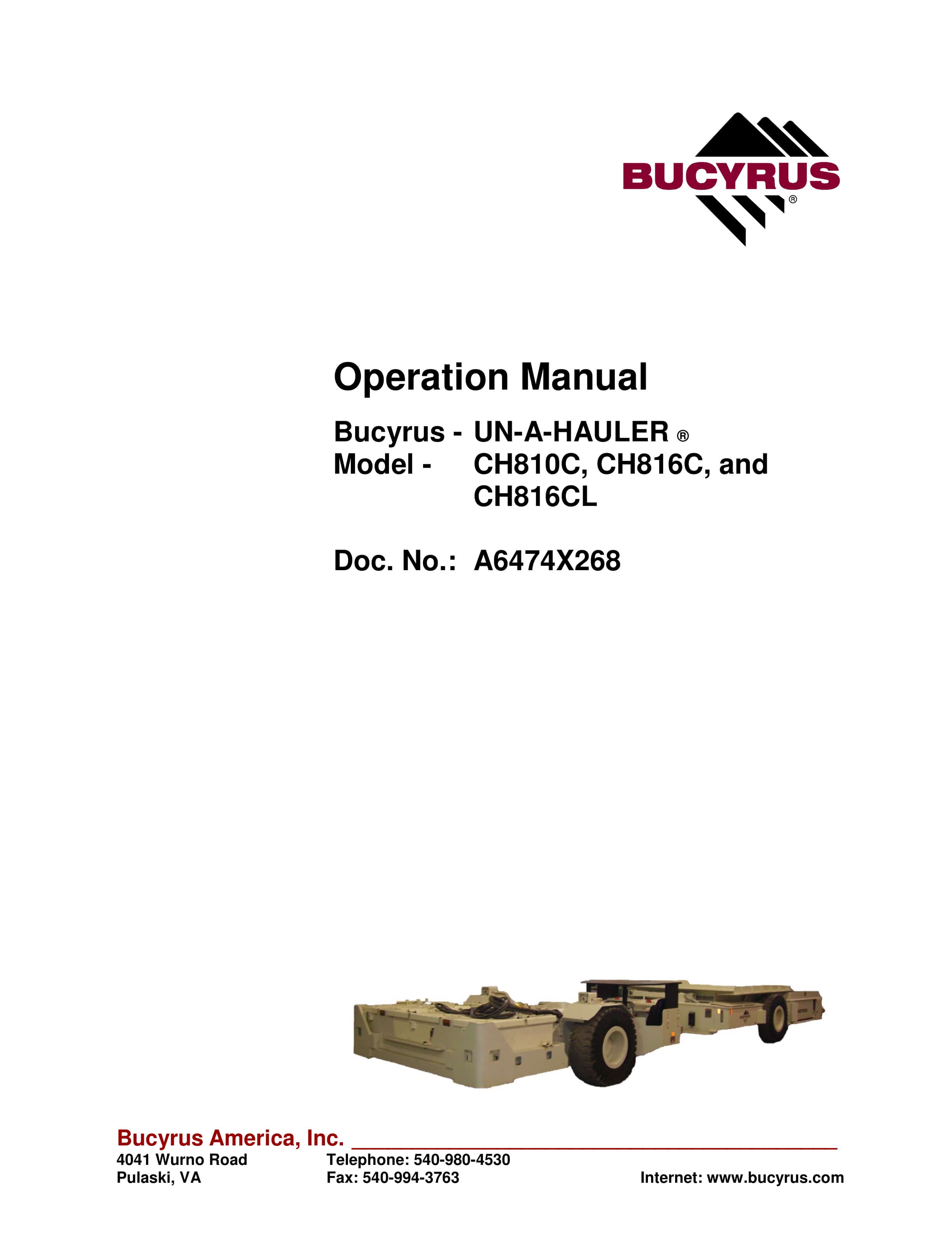 Bucyrus CH810C, CH816C, CH816CL Operation Manual A6474X268