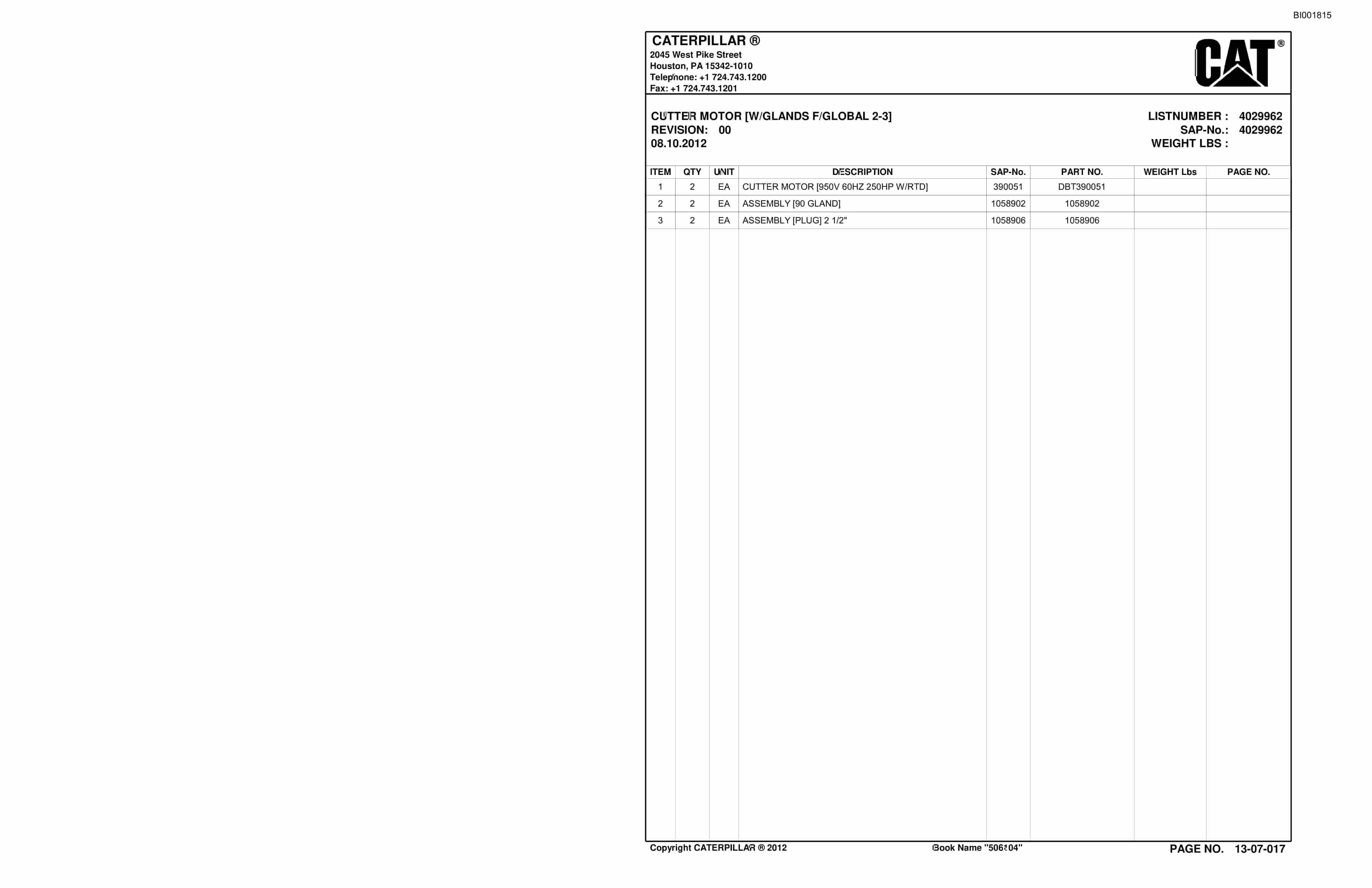 Bucyrus CM240 Continuous Miner Parts Catalog BI001815-3