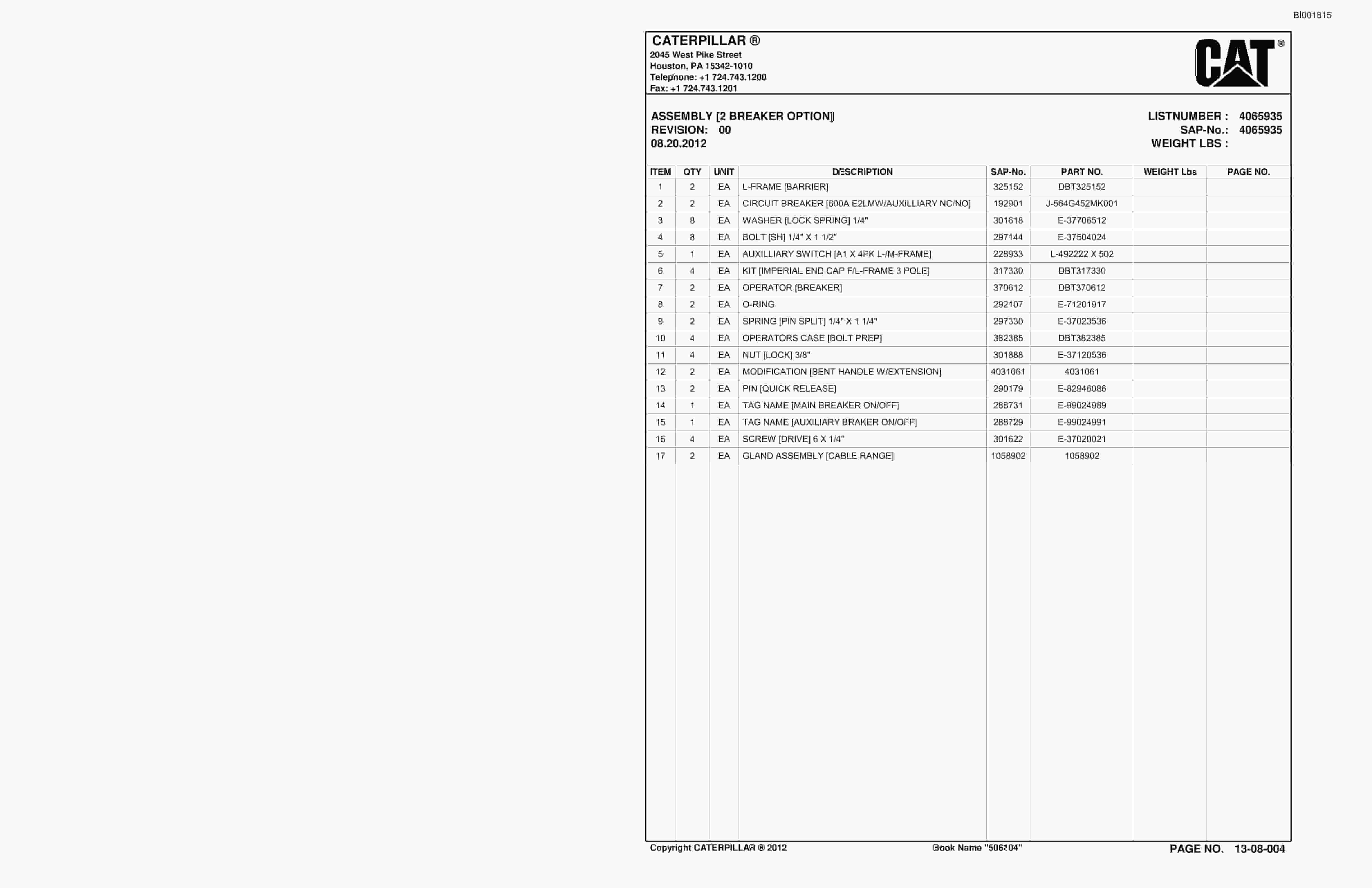 Bucyrus CM240 Continuous Miner Parts Catalog BI001815-4