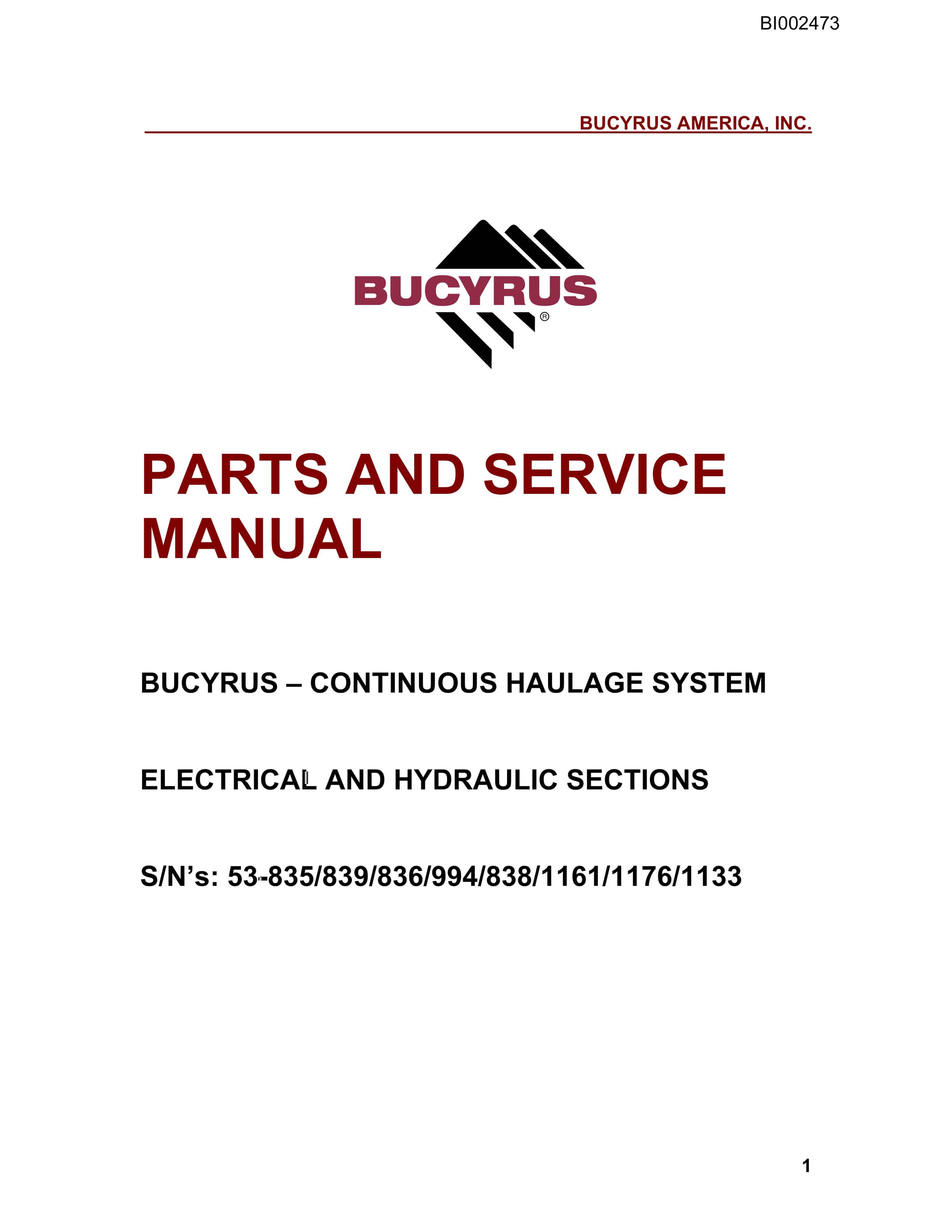 Bucyrus Continuous Haulage System Parts And Service Manual BI002473