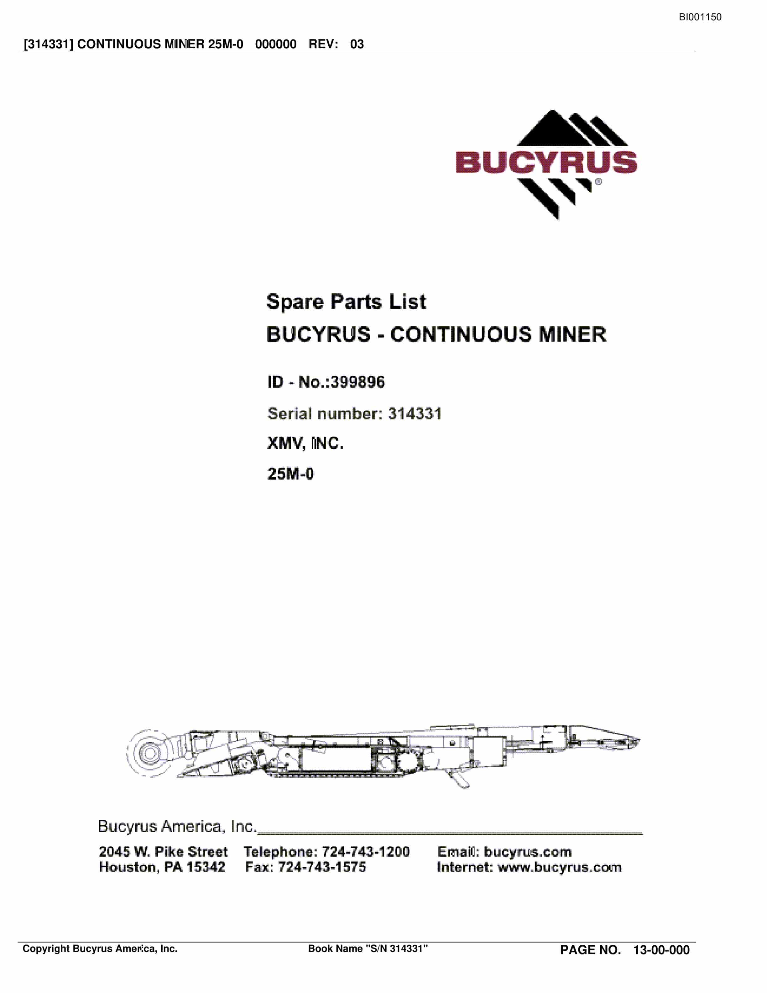 Bucyrus Continuous Miner Spare Parts List BI001150