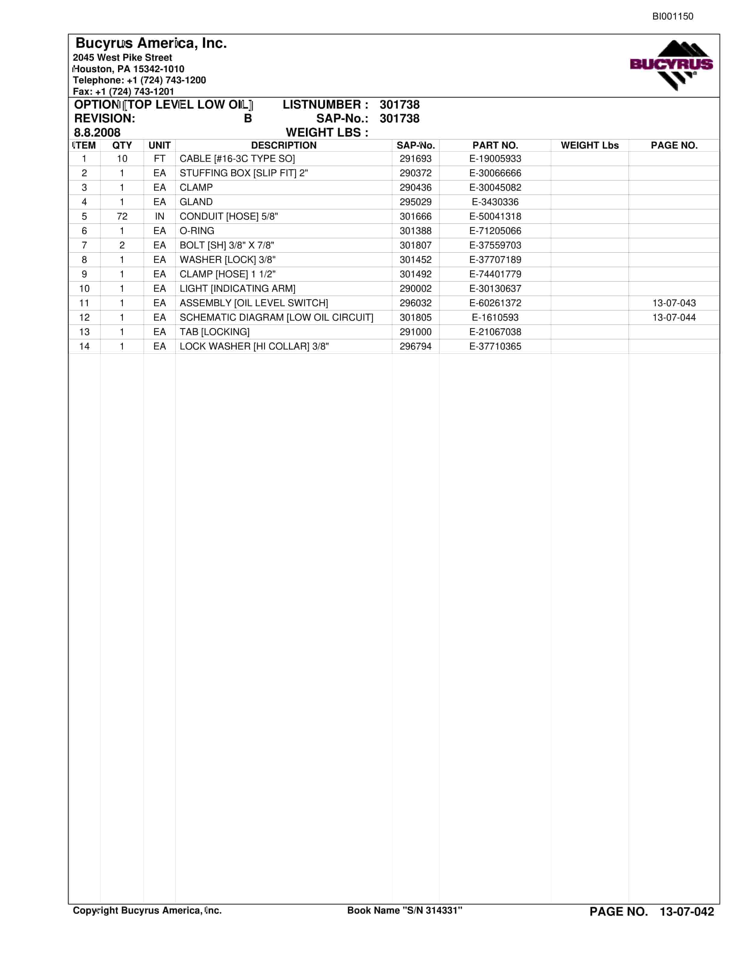 Bucyrus Continuous Miner Spare Parts List BI001150-2